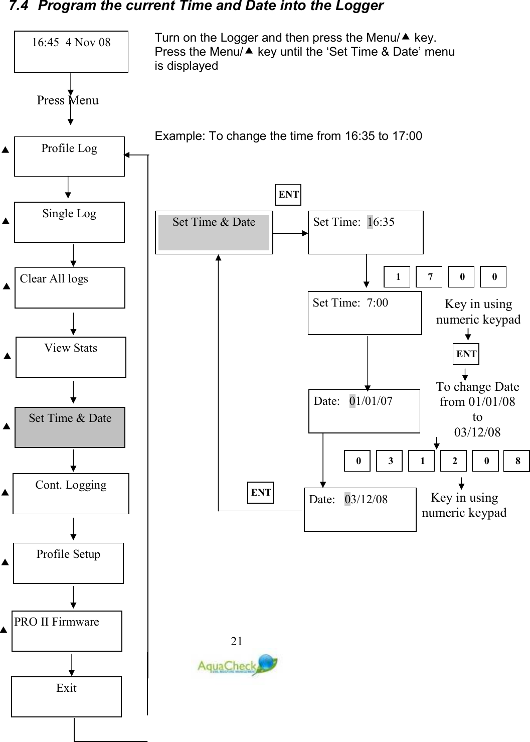   21 7.4  Program the current Time and Date into the Logger  Turn on the Logger and then press the Menu/ key. Press the Menu/ key until the ‘Set Time &amp; Date’ menu is displayed     Example: To change the time from 16:35 to 17:00    Press Menu  Profile Log 16:45  4 Nov 08 Single Log   Clear All logs   View Stats   Set Time &amp; Date   Cont. Logging   Profile Setup   PRO II Firmware   Exit Set Time:  16:35 Set Time &amp; Date ET 1  7  0  0 Set Time:  7:00 Date:   01/01/07 ET Key in using numeric keypad  To change Date from 01/01/08 to  03/12/08  0  3  1  2  0  8 Date:   03/12/08 Key in using numeric keypad  ET 