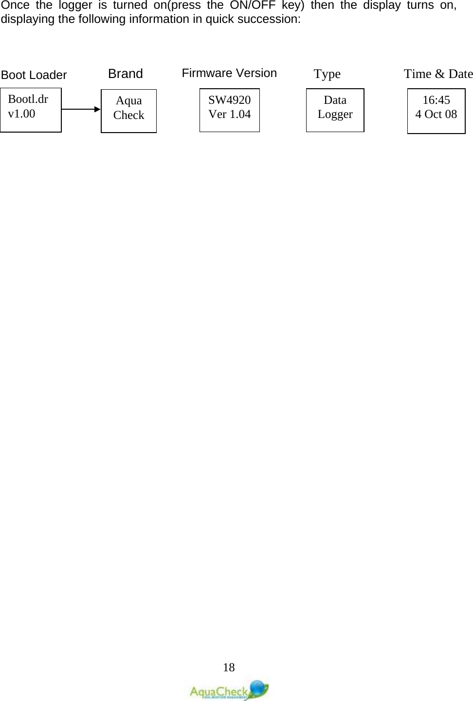   18 Once the logger is turned on(press the ON/OFF key) then the display turns on, displaying the following information in quick succession:    Boot LoaderAqua Check SW4920 Ver 1.04 Data Logger 16:45 4 Oct 08 Brand  Firmware Version  Type  Time &amp; Date Bootl.dr v1.00 