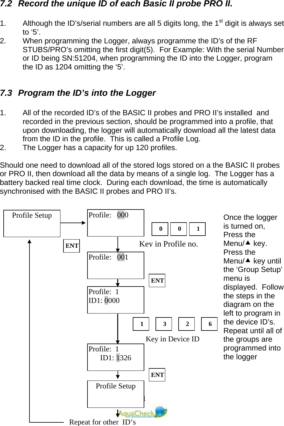   21 ENT Profile:   000 Profile Setup Profile:   001 0 0 Key in Profile no.  ENT Profile:  1 ID1: 0000 1 3 2 6 Key in Device ID Profile:  1 ID1: 1326 ENT Profile Setup  Repeat for other  ID’s 1  7.2 Record the unique ID of each Basic II probe PRO II.  1. Although the ID’s/serial numbers are all 5 digits long, the 1st digit is always set to ‘5’. 2. When programming the Logger, always programme the ID’s of the RF STUBS/PRO’s omitting the first digit(5).  For Example: With the serial Number or ID being SN:51204, when programming the ID into the Logger, program the ID as 1204 omitting the ‘5’.  7.3 Program the ID’s into the Logger  1. All of the recorded ID’s of the BASIC II probes and PRO II’s installed  and recorded in the previous section, should be programmed into a profile, that upon downloading, the logger will automatically download all the latest data from the ID in the profile.  This is called a Profile Log. 2. The Logger has a capacity for up 120 profiles.  Should one need to download all of the stored logs stored on a the BASIC II probes or PRO II, then download all the data by means of a single log.  The Logger has a battery backed real time clock.  During each download, the time is automatically synchronised with the BASIC II probes and PRO II’s.   Once the logger is turned on, Press the Menu/ key.  Press the Menu/ key until the ‘Group Setup’ menu is displayed.  Follow the steps in the diagram on the left to program in the device ID’s.  Repeat until all of the groups are programmed into the logger 