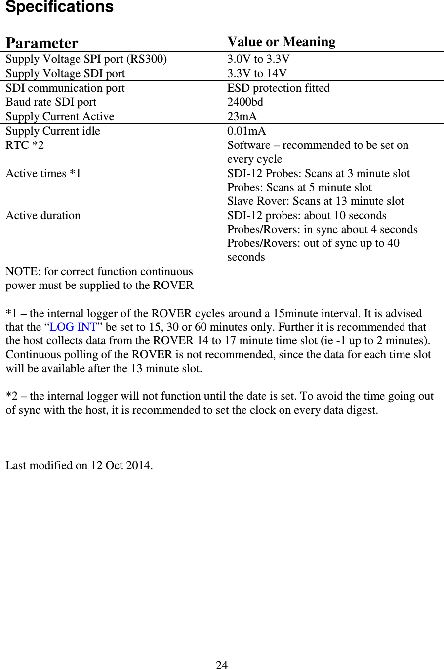   24 Specifications  Parameter Value or Meaning Supply Voltage SPI port (RS300)  3.0V to 3.3V Supply Voltage SDI port  3.3V to 14V SDI communication port  ESD protection fitted Baud rate SDI port  2400bd Supply Current Active  23mA Supply Current idle  0.01mA RTC *2  Software – recommended to be set on every cycle Active times *1  SDI-12 Probes: Scans at 3 minute slot Probes: Scans at 5 minute slot Slave Rover: Scans at 13 minute slot Active duration  SDI-12 probes: about 10 seconds Probes/Rovers: in sync about 4 seconds Probes/Rovers: out of sync up to 40 seconds NOTE: for correct function continuous power must be supplied to the ROVER   *1 – the internal logger of the ROVER cycles around a 15minute interval. It is advised that the “LOG INT” be set to 15, 30 or 60 minutes only. Further it is recommended that the host collects data from the ROVER 14 to 17 minute time slot (ie -1 up to 2 minutes). Continuous polling of the ROVER is not recommended, since the data for each time slot will be available after the 13 minute slot.  *2 – the internal logger will not function until the date is set. To avoid the time going out of sync with the host, it is recommended to set the clock on every data digest.    Last modified on 12 Oct 2014. 