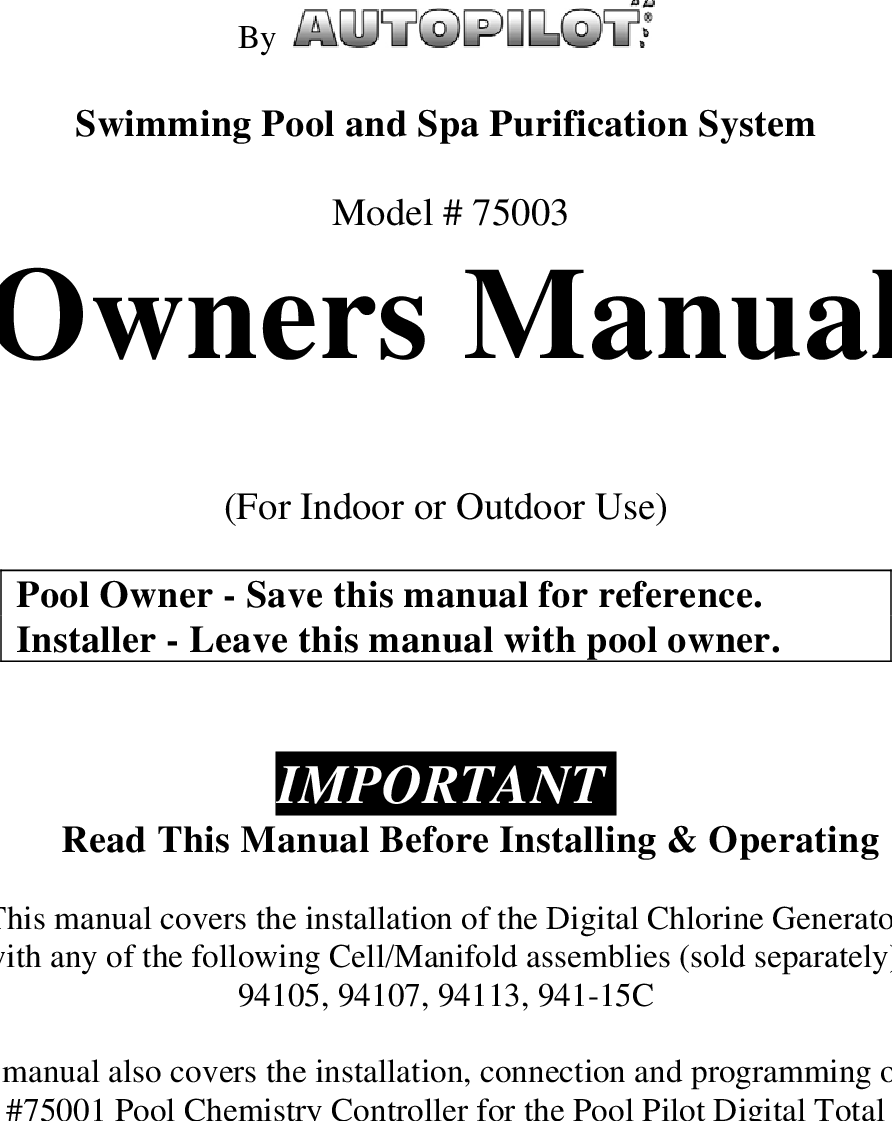 Page 1 of 1 - Aquacal Aquacal-Pool-Pilot-75003-Users-Manual-  Aquacal-pool-pilot-75003-users-manual
