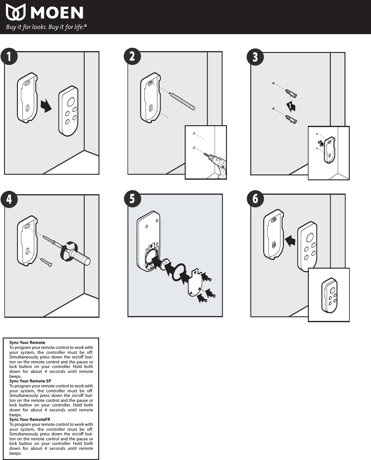 12456312Sync Your RemoteTo program your remote control to work withyour system, the controller must be off.Simultaneously press down the on/off but-ton on the remote control and the pause orlock button on your controller. Hold bothdown for about 4 seconds until remotebeeps.Sync Your Remote SPTo program your remote control to work withyour system, the controller must be off.Simultaneously press down the on/off but-ton on the remote control and the pause orlock button on your controller. Hold bothdown for about 4 seconds until remotebeeps.Sync Your RemoteFRToprogram your remote control to work withyour system, the controller must be off.Simultaneously press down the on/off but-ton on the remote control and the pause orlock button on your controller. Hold bothdown for about 4 seconds until remotebeeps.