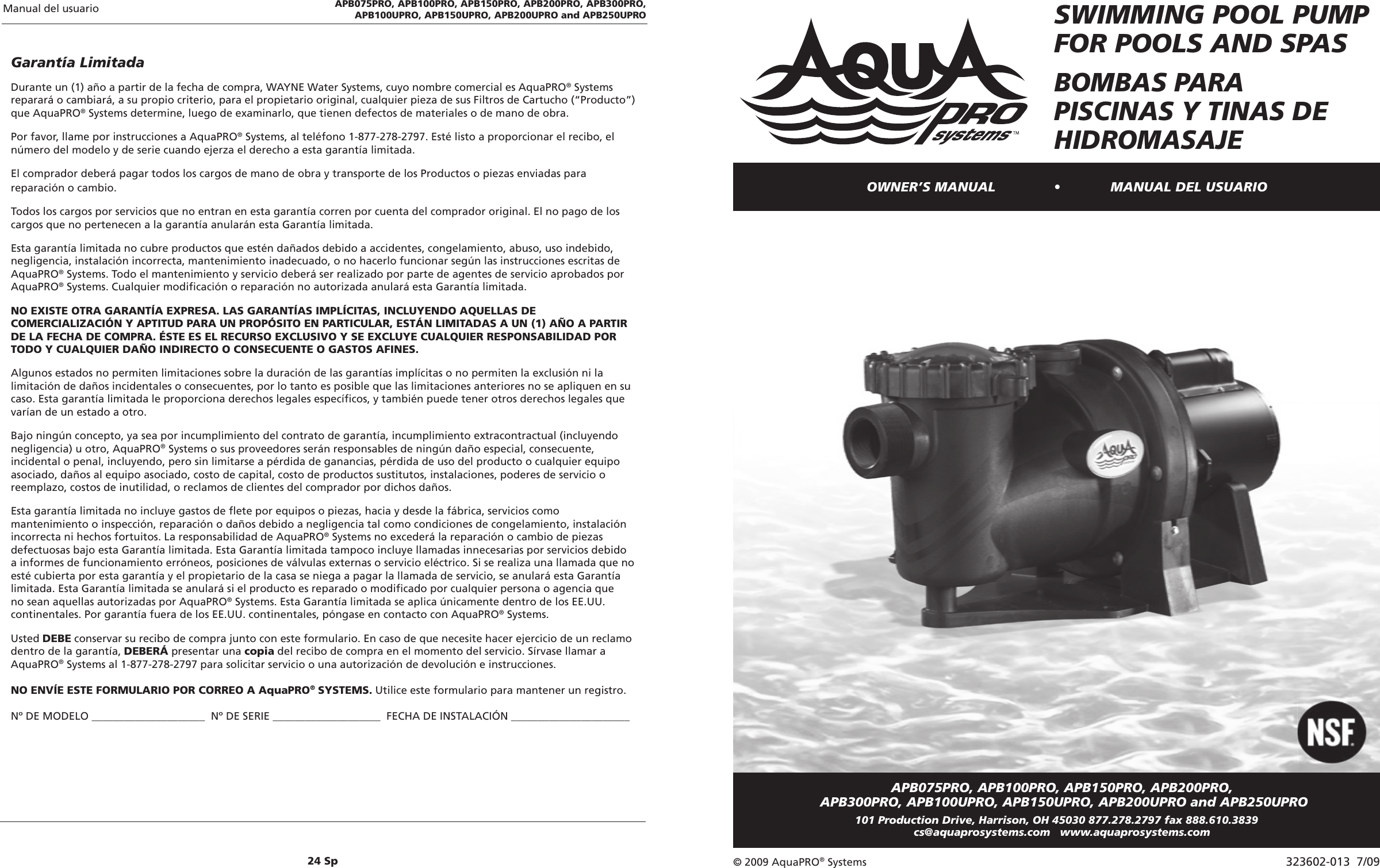 Page 1 of 12 - Aquapro Aquapro-Apb075Pro-Users-Manual- 323602-013_0709  Aquapro-apb075pro-users-manual