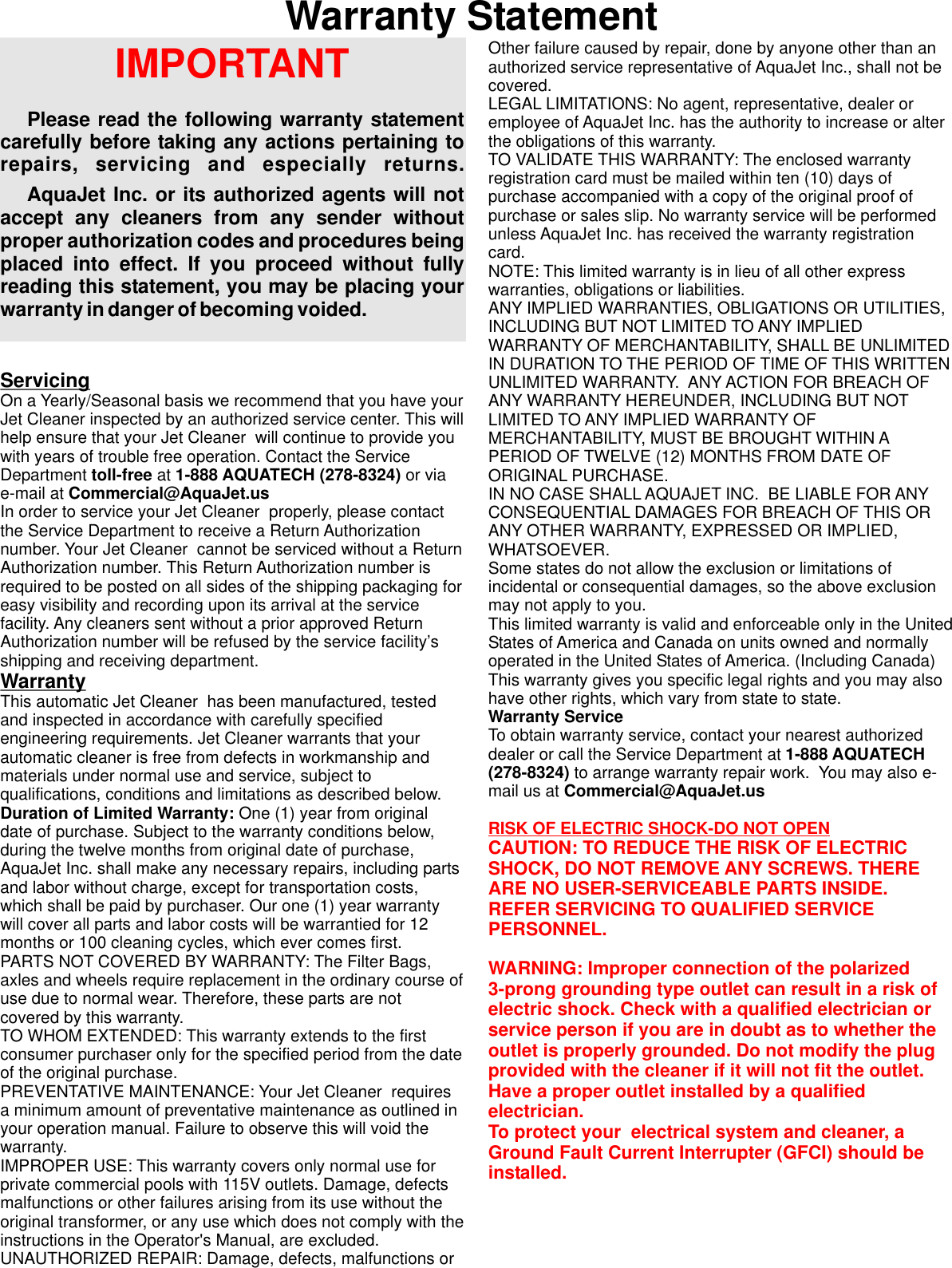 Page 8 of 8 - Aquatech Aquatech-Jet-Cleaner-Pool-Cleaner-Users-Manual- Jetmax_manual_generic  Aquatech-jet-cleaner-pool-cleaner-users-manual