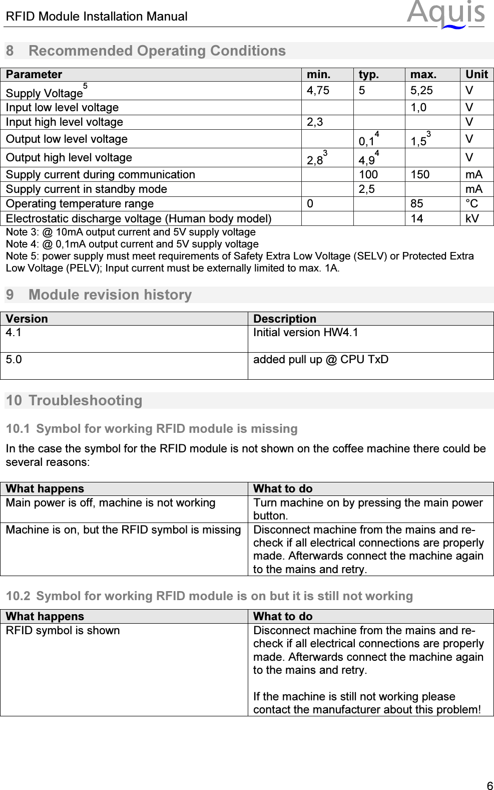 RFID Module Installation Manual      68  Recommended Operating Conditions Parameter  min.  typ.  max.  Unit  Supply Voltage5  4,75  5  5,25  V  Input low level voltage     1,0  V  Input high level voltage  2,3     V  Output low level voltage   0,14  1,53  V  Output high level voltage  2,83  4,94   V  Supply current during communication    100  150  mA  Supply current in standby mode    2,5    mA  Operating temperature range  0    85  &deg;C  Electrostatic discharge voltage (Human body model)      14  kV  Note 3: @ 10mA output current and 5V supply voltage Note 4: @ 0,1mA output current and 5V supply voltage Note 5: power supply must meet requirements of Safety Extra Low Voltage (SELV) or Protected Extra Low Voltage (PELV); Input current must be externally limited to max. 1A.  9  Module revision history Version Description 4.1  Initial version HW4.1   5.0  added pull up @ CPU TxD   10  Troubleshooting 10.1  Symbol for working RFID module is missing In the case the symbol for the RFID module is not shown on the coffee machine there could be several reasons:  What happens What to do Main power is off, machine is not working  Turn machine on by pressing the main power button. Machine is on, but the RFID symbol is missing  Disconnect machine from the mains and re-check if all electrical connections are properly made. Afterwards connect the machine again to the mains and retry. 10.2  Symbol for working RFID module is on but it is still not working What happens What to do RFID symbol is shown  Disconnect machine from the mains and re-check if all electrical connections are properly made. Afterwards connect the machine again to the mains and retry.  If the machine is still not working please contact the manufacturer about this problem!  