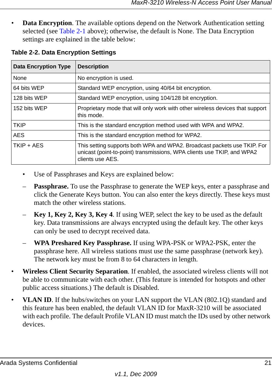 MaxR-3210 Wireless-N Access Point User ManualArada Systems Confidential 21v1.1, Dec 2009•Data Encryption. The available options depend on the Network Authentication setting selected (see Table 2-1 above); otherwise, the default is None. The Data Encryption settings are explained in the table below:• Use of Passphrases and Keys are explained below:–Passphrase. To use the Passphrase to generate the WEP keys, enter a passphrase and click the Generate Keys button. You can also enter the keys directly. These keys must match the other wireless stations.–Key 1, Key 2, Key 3, Key 4. If using WEP, select the key to be used as the default key. Data transmissions are always encrypted using the default key. The other keys can only be used to decrypt received data. –WPA Preshared Key Passphrase. If using WPA-PSK or WPA2-PSK, enter the passphrase here. All wireless stations must use the same passphrase (network key). The network key must be from 8 to 64 characters in length.•Wireless Client Security Separation. If enabled, the associated wireless clients will not be able to communicate with each other. (This feature is intended for hotspots and other public access situations.) The default is Disabled.•VLAN ID. If the hubs/switches on your LAN support the VLAN (802.1Q) standard and this feature has been enabled, the default VLAN ID for MaxR-3210 will be associated with each profile. The default Profile VLAN ID must match the IDs used by other network devices.Table 2-2. Data Encryption SettingsData Encryption Type DescriptionNone No encryption is used.64 bits WEP Standard WEP encryption, using 40/64 bit encryption.128 bits WEP Standard WEP encryption, using 104/128 bit encryption. 152 bits WEP Proprietary mode that will only work with other wireless devices that support this mode. TKIP This is the standard encryption method used with WPA and WPA2. AES This is the standard encryption method for WPA2.TKIP + AES This setting supports both WPA and WPA2. Broadcast packets use TKIP. For unicast (point-to-point) transmissions, WPA clients use TKIP, and WPA2 clients use AES. 