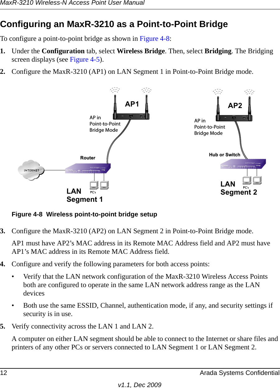 MaxR-3210 Wireless-N Access Point User Manual12 Arada Systems Confidentialv1.1, Dec 2009Configuring an MaxR-3210 as a Point-to-Point BridgeTo configure a point-to-point bridge as shown in Figure 4-8:1. Under the Configuration tab, select Wireless Bridge. Then, select Bridging. The Bridging screen displays (see Figure 4-5).2. Configure the MaxR-3210 (AP1) on LAN Segment 1 in Point-to-Point Bridge mode.3. Configure the MaxR-3210 (AP2) on LAN Segment 2 in Point-to-Point Bridge mode. AP1 must have AP2’s MAC address in its Remote MAC Address field and AP2 must have AP1’s MAC address in its Remote MAC Address field.4. Configure and verify the following parameters for both access points:• Verify that the LAN network configuration of the MaxR-3210 Wireless Access Points both are configured to operate in the same LAN network address range as the LAN devices• Both use the same ESSID, Channel, authentication mode, if any, and security settings if security is in use.5. Verify connectivity across the LAN 1 and LAN 2. A computer on either LAN segment should be able to connect to the Internet or share files and printers of any other PCs or servers connected to LAN Segment 1 or LAN Segment 2.Figure 4-8 Wireless point-to-point bridge setupLANSegment 1RouterAP inPoint-to-PointBridge ModeAP inPoint-to-PointBridge ModeLANSegment 2Hub or SwitchAP1ETHERNETRESET5-12V DCAP2ETHERNETRESET5-12V DC