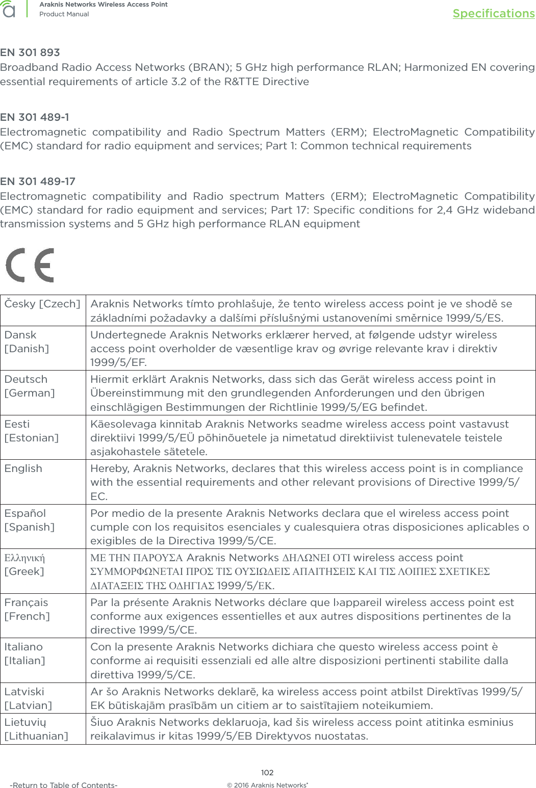 © 2016 Araknis Networks®102Araknis Networks Wireless Access PointProduct Manual Speciﬁcations-Return to Table of Contents-EN 301 893Broadband Radio Access Networks (BRAN); 5 GHz high performance RLAN; Harmonized EN covering essential requirements of article 3.2 of the R&amp;TTE DirectiveEN 301 489-1 Electromagnetic compatibility and Radio Spectrum Matters (ERM); ElectroMagnetic Compatibility (EMC) standard for radio equipment and services; Part 1: Common technical requirementsEN 301 489-17Electromagnetic compatibility and Radio spectrum Matters (ERM); ElectroMagnetic Compatibility (EMC) standard for radio equipment and services; Part 17: Speciﬁc conditions for 2,4 GHz wideband transmission systems and 5 GHz high performance RLAN equipment Česky [Czech] Araknis Networks tímto prohlašuje, že tento wireless access point je ve shodě se základními požadavky a dalšími příslušnými ustanoveními směrnice 1999/5/ES.Dansk [Danish]Undertegnede Araknis Networks erklærer herved, at følgende udstyr wireless access point overholder de væsentlige krav og øvrige relevante krav i direktiv 1999/5/EF.Deutsch [German]Hiermit erklärt Araknis Networks, dass sich das Gerät wireless access point in Übereinstimmung mit den grundlegenden Anforderungen und den übrigen einschlägigen Bestimmungen der Richtlinie 1999/5/EG beﬁndet.Eesti  [Estonian]Käesolevaga kinnitab Araknis Networks seadme wireless access point vastavust direktiivi 1999/5/EÜ põhinõuetele ja nimetatud direktiivist tulenevatele teistele asjakohastele sätetele.English Hereby, Araknis Networks, declares that this wireless access point is in compliance with the essential requirements and other relevant provisions of Directive 1999/5/EC.Español [Spanish]Por medio de la presente Araknis Networks declara que el wireless access point cumple con los requisitos esenciales y cualesquiera otras disposiciones aplicables o exigibles de la Directiva 1999/5/CE.Ελληνική [Greek]ΜΕ ΤΗΝ ΠΑΡΟΥΣΑ Araknis Networks ΔΗΛΩΝΕΙ ΟΤΙ wireless access point ΣΥΜΜΟΡΦΩΝΕΤΑΙ ΠΡΟΣ ΤΙΣ ΟΥΣΙΩΔΕΙΣ ΑΠΑΙΤΗΣΕΙΣ ΚΑΙ ΤΙΣ ΛΟΙΠΕΣ ΣΧΕΤΙΚΕΣ ΔΙΑΤΑΞΕΙΣ ΤΗΣ ΟΔΗΓΙΑΣ 1999/5/ΕΚ.Français [French]Par la présente Araknis Networks déclare que l›appareil wireless access point est conforme aux exigences essentielles et aux autres dispositions pertinentes de la directive 1999/5/CE.Italiano [Italian]Con la presente Araknis Networks dichiara che questo wireless access point è conforme ai requisiti essenziali ed alle altre disposizioni pertinenti stabilite dalla direttiva 1999/5/CE.Latviski [Latvian]Ar šo Araknis Networks deklarē, ka wireless access point atbilst Direktīvas 1999/5/EK būtiskajām prasībām un citiem ar to saistītajiem noteikumiem.Lietuvių [Lithuanian] Šiuo Araknis Networks deklaruoja, kad šis wireless access point atitinka esminius reikalavimus ir kitas 1999/5/EB Direktyvos nuostatas.