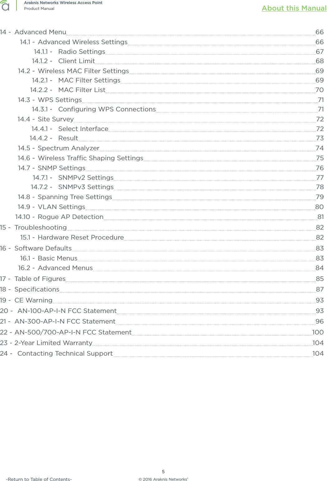 © 2016 Araknis Networks®5Araknis Networks Wireless Access PointProduct Manual About this Manual-Return to Table of Contents-14 -  Advanced Menu  6614.1 -  Advanced Wireless Settings  6614.1.1 -  Radio Settings  6714.1.2 -  Client Limit  6814.2 -  Wireless MAC Filter Settings  6914.2.1 -  MAC Filter Settings  6914.2.2 -  MAC Filter List  7014.3 -  WPS Settings  7114.3.1 -  Conﬁguring WPS Connections  7114.4 -  Site Survey  7214.4.1 -  Select Interface  7214.4.2 -  Result  7314.5 -  Spectrum Analyzer  7414.6 -  Wireless Trac Shaping Settings  7514.7 - SNMP Settings  7614.7.1 -  SNMPv2 Settings  7714.7.2 -  SNMPv3 Settings  7814.8 -  Spanning Tree Settings  7914.9 -  VLAN Settings  8014.10 -  Rogue AP Detection  8115 -  Troubleshooting  8215.1 -  Hardware Reset Procedure  8216 -  Software Defaults  8316.1 -  Basic Menus  8316.2 -  Advanced Menus  8417 -  Table of Figures  8518 -  Speciﬁcations  8719 -  CE Warning  9320 -  AN-100-AP-I-N FCC Statement  9321 -  AN-300-AP-I-N FCC Statement  9622 -  AN-500/700-AP-I-N FCC Statement  10023 -  2-Year Limited Warranty  10424 -   Contacting Technical Support  104