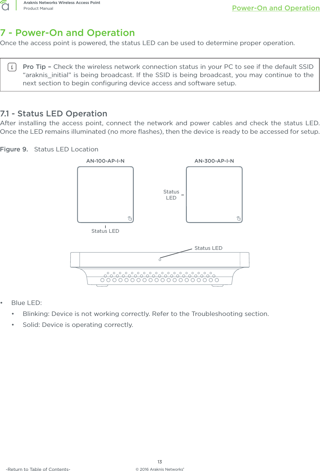 © 2016 Araknis Networks®13Araknis Networks Wireless Access PointProduct Manual Power-On and Operation-Return to Table of Contents-7 - Power-On and OperationOnce the access point is powered, the status LED can be used to determine proper operation.Pro Tip – Check the wireless network connection status in your PC to see if the default SSID “araknis_initial” is being broadcast. If the SSID is being broadcast, you may continue to the next section to begin conﬁguring device access and software setup.7.1 - Status LED OperationAfter installing the access point, connect the network and power cables and check the status LED. Once the LED remains illuminated (no more ﬂashes), then the device is ready to be accessed for setup.Figure 9.  Status LED LocationStatus LEDAN-300-AP-I-NStatus LEDAN-100-AP-I-NStatus LED•  Blue LED:•  Blinking: Device is not working correctly. Refer to the Troubleshooting section.•  Solid: Device is operating correctly.