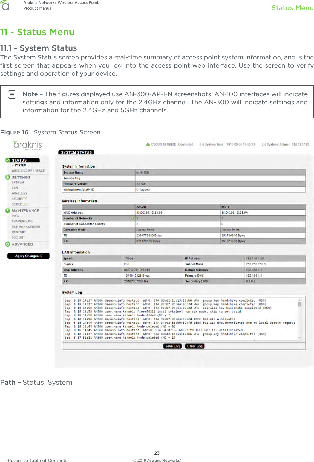 © 2016 Araknis Networks®23Araknis Networks Wireless Access PointProduct Manual Status Menu-Return to Table of Contents-11 - Status Menu11.1 - System StatusThe System Status screen provides a real-time summary of access point system information, and is the ﬁrst screen that appears when you log into the access point web interface. Use the screen to verify settings and operation of your device.Note – The ﬁgures displayed use AN-300-AP-I-N screenshots. AN-100 interfaces will indicate settings and information only for the 2.4GHz channel. The AN-300 will indicate settings and information for the 2.4GHz and 5GHz channels.Figure 16.  System Status ScreenPath – Status, System