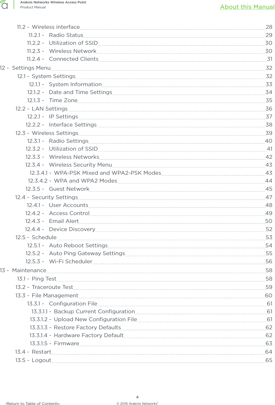 © 2016 Araknis Networks®4Araknis Networks Wireless Access PointProduct Manual About this Manual-Return to Table of Contents-11.2 -  Wireless interface  2811.2.1 -  Radio Status  2911.2.2 -  Utilization of SSID  3011.2.3 -  Wireless Network  3011.2.4 -  Connected Clients  3112 -  Settings Menu  3212.1 -  System Settings  3212.1.1 -  System Information  3312.1.2 -  Date and Time Settings  3412.1.3 -  Time Zone  3512.2 -  LAN Settings  3612.2.1 -  IP Settings  3712.2.2 -  Interface Settings  3812.3 -  Wireless Settings  3912.3.1 -  Radio Settings  4012.3.2 -  Utilization of SSID  4112.3.3 -  Wireless Networks  4212.3.4 -  Wireless Security Menu  4312.3.4.1 -  WPA-PSK Mixed and WPA2-PSK Modes  4312.3.4.2 -  WPA and WPA2 Modes  4412.3.5 -  Guest Network  4512.4 -  Security Settings  4712.4.1 -  User Accounts  4812.4.2 -  Access Control  4912.4.3 -  Email Alert  5012.4.4 -  Device Discovery  5212.5 -  Schedule  5312.5.1 -  Auto Reboot Settings  5412.5.2 -  Auto Ping Gateway Settings  5512.5.3 -  Wi-Fi Scheduler  5613 -  Maintenance  5813.1 -  Ping Test  5813.2 -  Traceroute Test  5913.3 -  File Management  6013.3.1 -  Conﬁguration File  6113.3.1.1 -  Backup Current Conﬁguration  6113.3.1.2 -  Upload New Conﬁguration File  6113.3.1.3 -  Restore Factory Defaults  6213.3.1.4 -  Hardware Factory Default  6213.3.1.5 -  Firmware  6313.4 -  Restart  6413.5 -  Logout  65