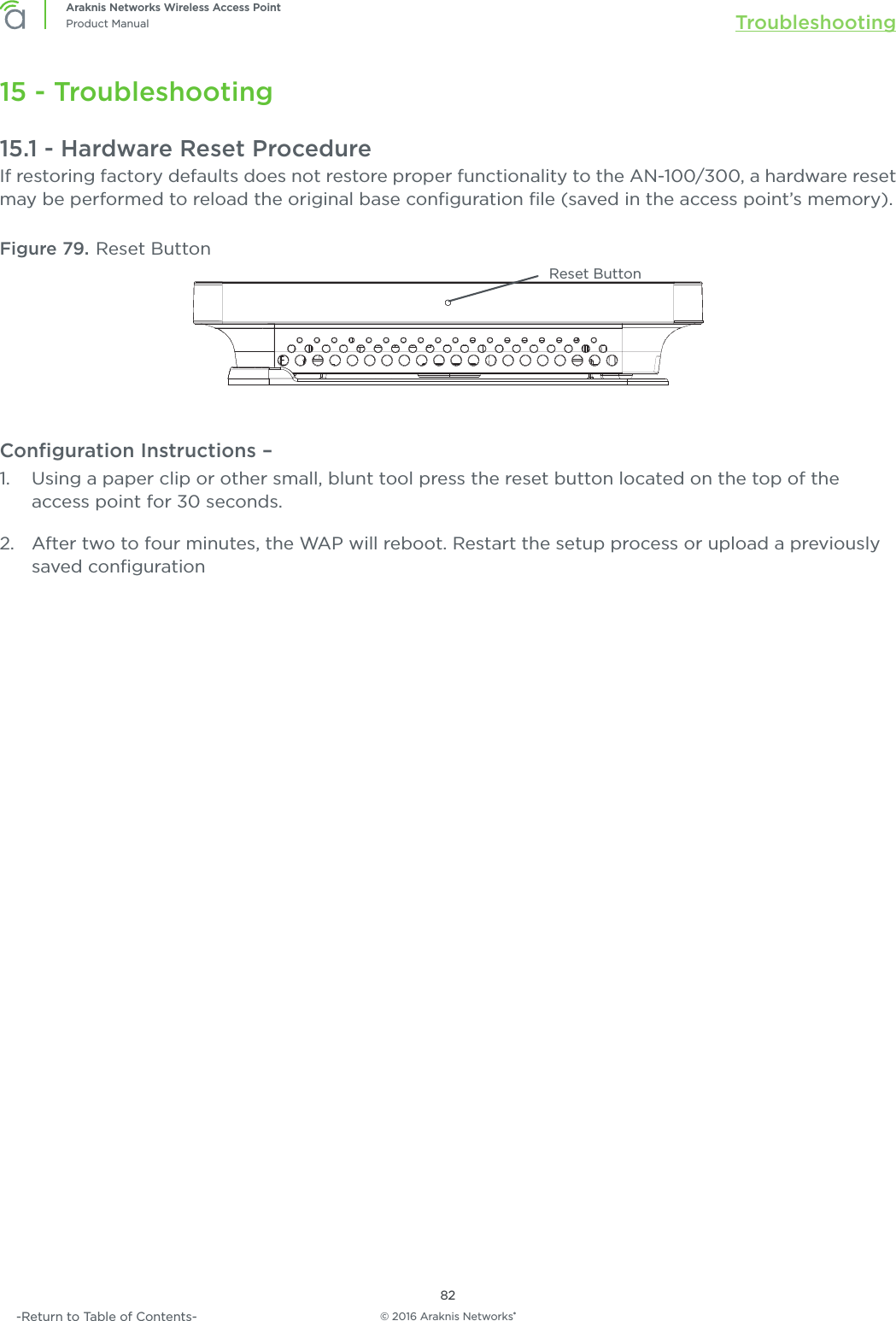 © 2016 Araknis Networks®82Araknis Networks Wireless Access PointProduct Manual Troubleshooting-Return to Table of Contents-15 - Troubleshooting15.1 - Hardware Reset ProcedureIf restoring factory defaults does not restore proper functionality to the AN-100/300, a hardware reset may be performed to reload the original base conﬁguration ﬁle (saved in the access point’s memory).Figure 79. Reset ButtonReset ButtonConﬁguration Instructions –   1.  Using a paper clip or other small, blunt tool press the reset button located on the top of the access point for 30 seconds. 2.  After two to four minutes, the WAP will reboot. Restart the setup process or upload a previously saved conﬁguration