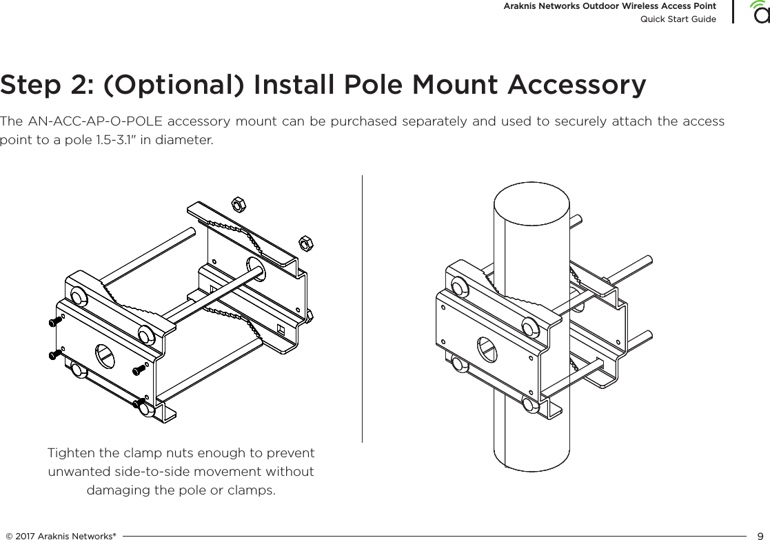 © 2017 Araknis Networks® 9Araknis Networks Outdoor Wireless Access PointQuick Start GuideStep 2: (Optional) Install Pole Mount AccessoryThe AN-ACC-AP-O-POLE accessory mount can be purchased separately and used to securely attach the access point to a pole 1.5-3.1&quot; in diameter.Tighten the clamp nuts enough to prevent unwanted side-to-side movement without damaging the pole or clamps.