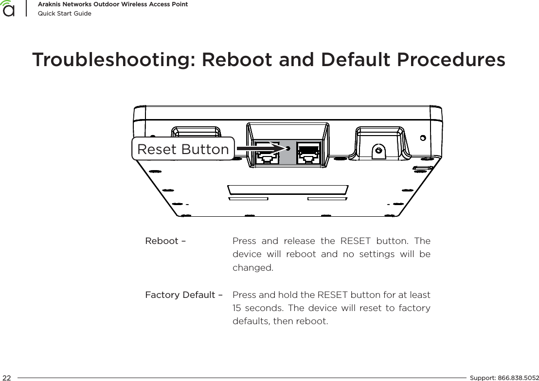22Araknis Networks Outdoor Wireless Access PointQuick Start GuideSupport:  866.838.5052  Troubleshooting: Reboot and Default ProceduresReset ButtonReboot – Press and release the RESET button. The device will reboot and no settings will be changed.Factory Default – Press and hold the RESET button for at least 15 seconds. The device will reset to factory defaults, then reboot.