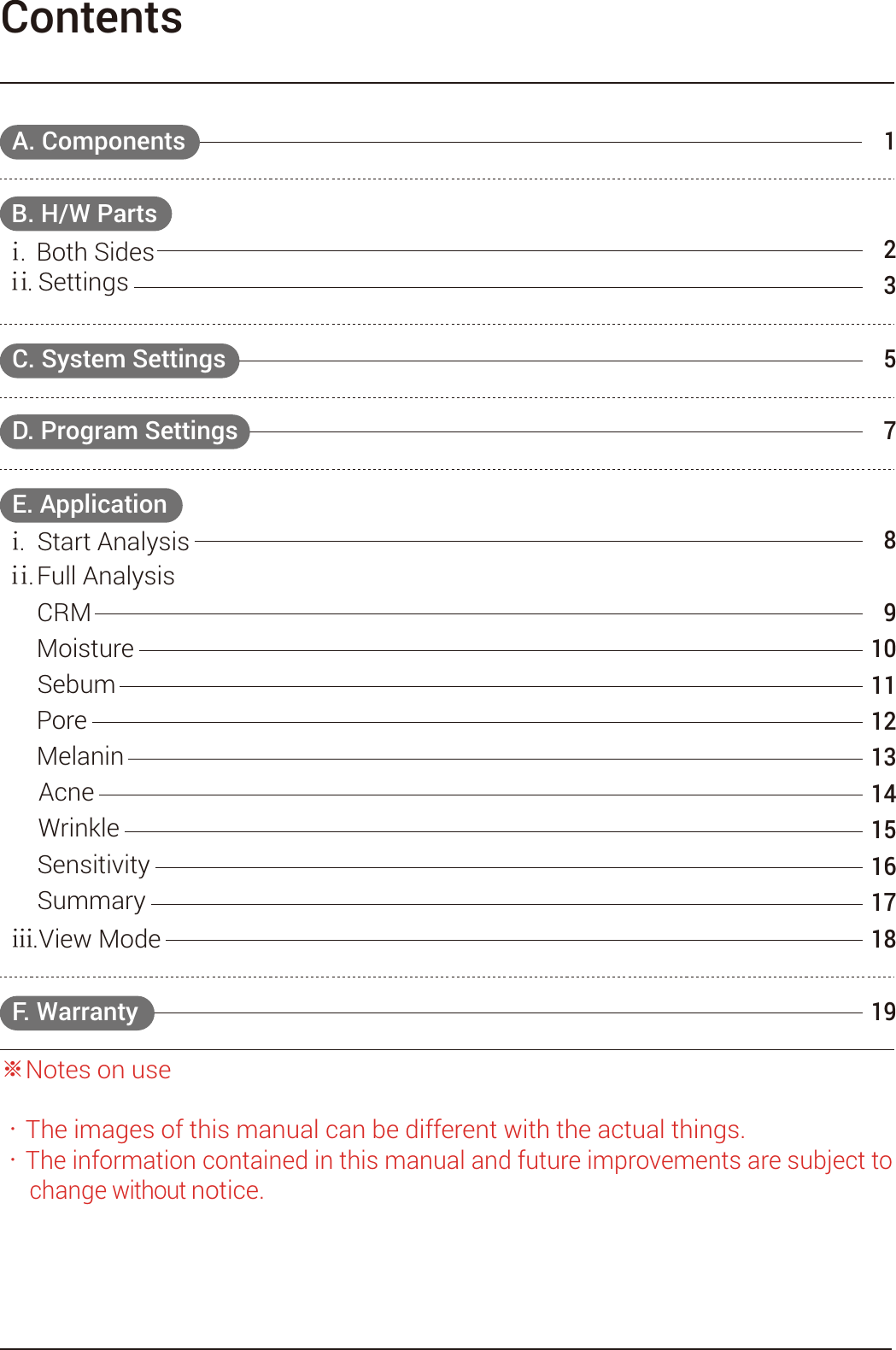 ContentsC. System SettingsD. Program Settingsⅰ.  Both Sidesⅱ. SettingsE. Applicationⅰ.  Start Analysisⅱ. Full  Analysisⅲ.  View ModeCRMMoistureSebumPoreMelaninAcneWrinkleSensitivitySummary1235789101112131415161718F. Warranty19A. ComponentsB. H/W Parts※Notes on use・The images of this manual can be different with the actual things.・The information contained in this manual and future improvements are subject to      change without notice.