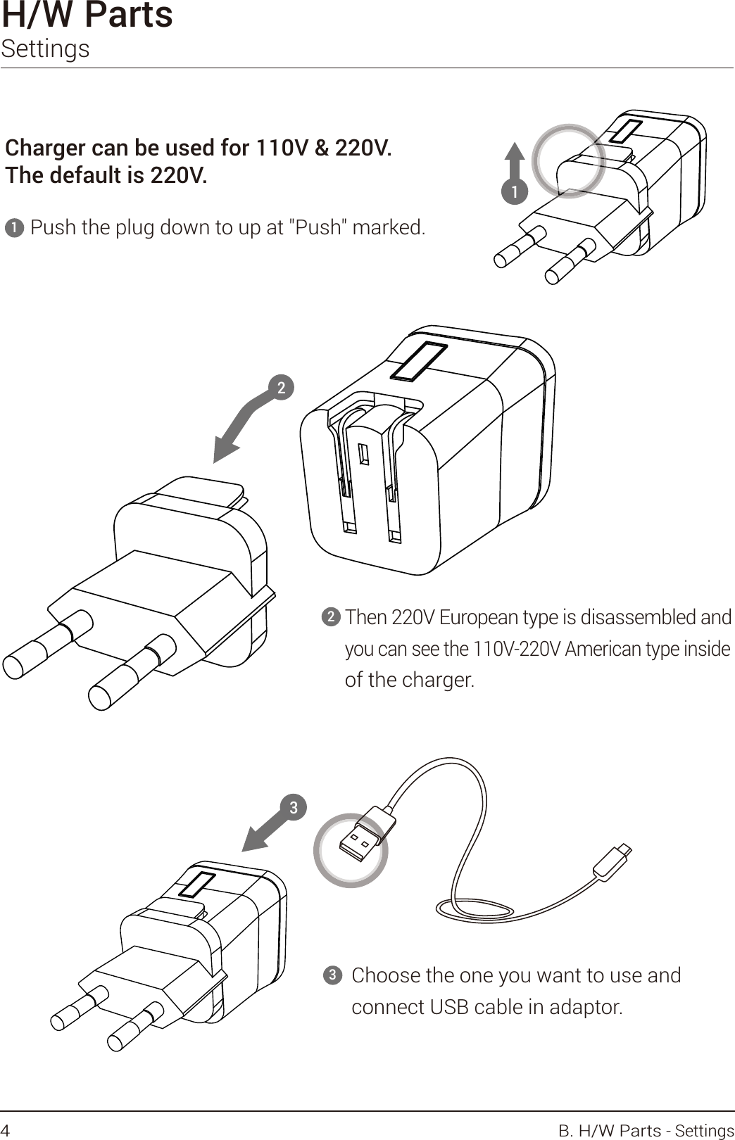 Charger can be used for 110V &amp; 220V. The default is 220V. Then 220V European type is disassembled and you can see the 110V-220V American type inside of the charger.Push the plug down to up at &quot;Push&quot; marked.123Choose the one you want to use and connect USB cable in adaptor.H/W PartsSettings1234 B. H/W Parts - Settings