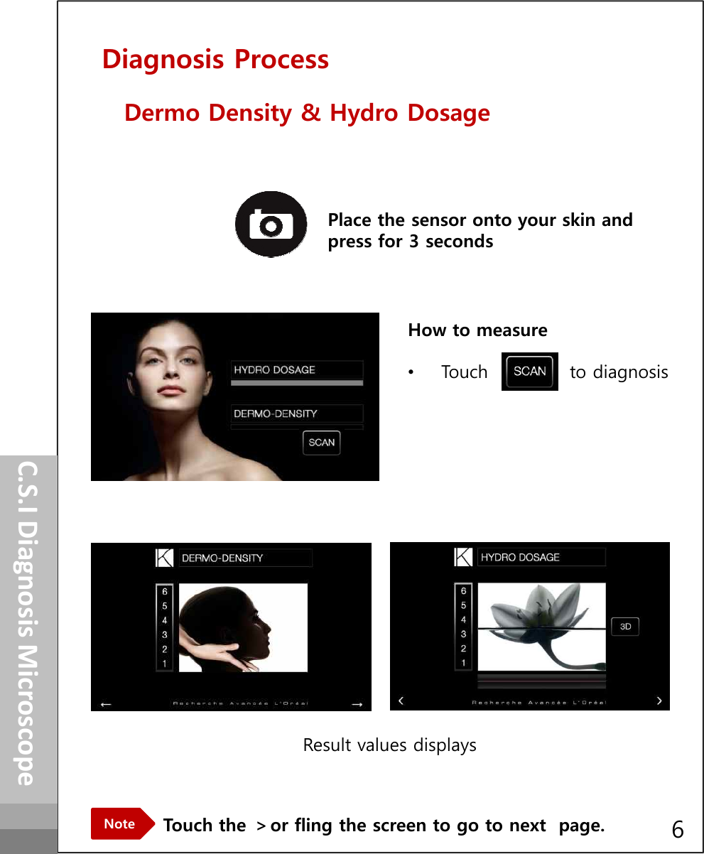 How to measure•Touch             to diagnosisDiagnosis ProcessDermo Density &amp; Hydro DosageHow to operatePlace the sensor onto your skin and press for 3 secondsHow to measure•Touch             to diagnosisC.S.I Diagnosis MicroscopeTouch the ＞or fling the screen to go to next  page.NoteResult values displays 6