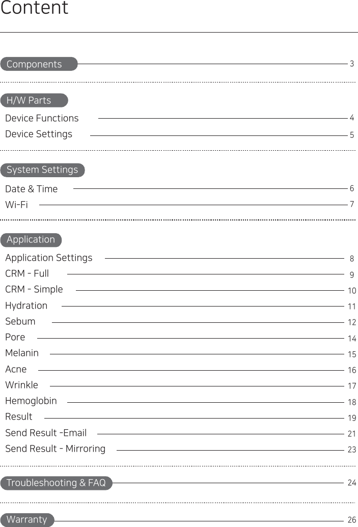 ContentH/W PartsSystem SettingsApplication345678910111214151617181921232426WarrantyComponentsTroubleshooting &amp; FAQDate &amp; TimeWi-Fi Application SettingsCRM - FullCRM - SimpleHydrationSebumPoreMelaninAcneWrinkleHemoglobinResultSend Result -EmailSend Result - MirroringDevice FunctionsDevice Settings