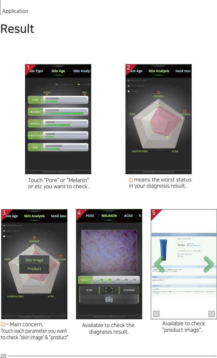     means the worst status in your diagnosis result.    - Main concern.Touch each parameter you wantto check “skin image’ &amp; ”product”Touch ”Pore” or “Melanin” or etc you want to check .Available to check the diagnosis result.Available to check “product image”.1 220ApplicationResult3 4 5