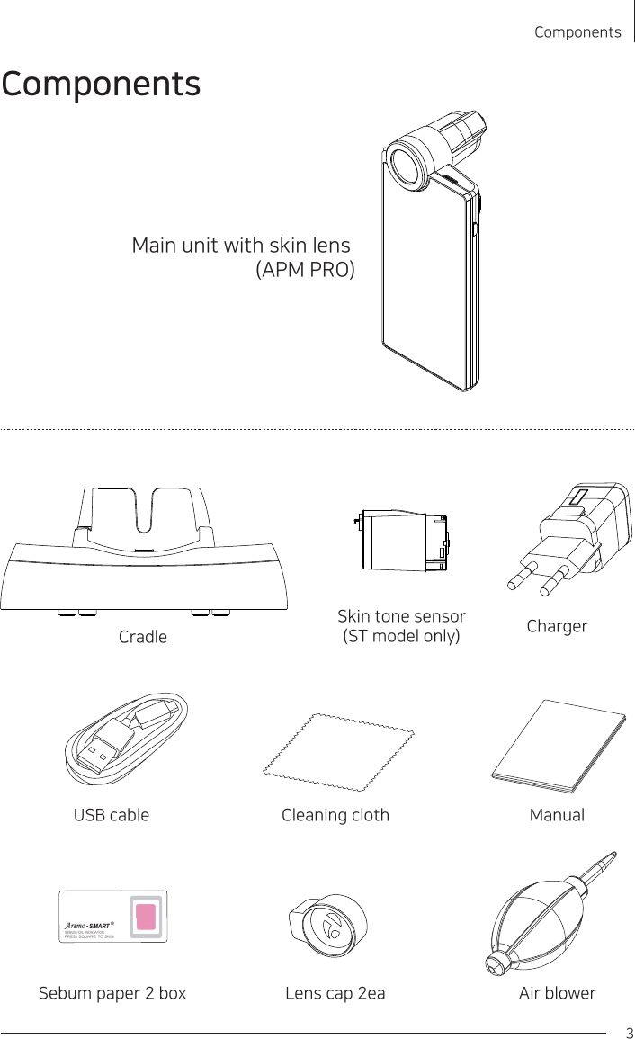 ComponentsComponents3Main unit with skin lens (APM PRO)ChargerSkin tone sensor(ST model only)Cleaning cloth ManualUSB cableSebum paper 2 box Air blowerLens cap 2eaCradle