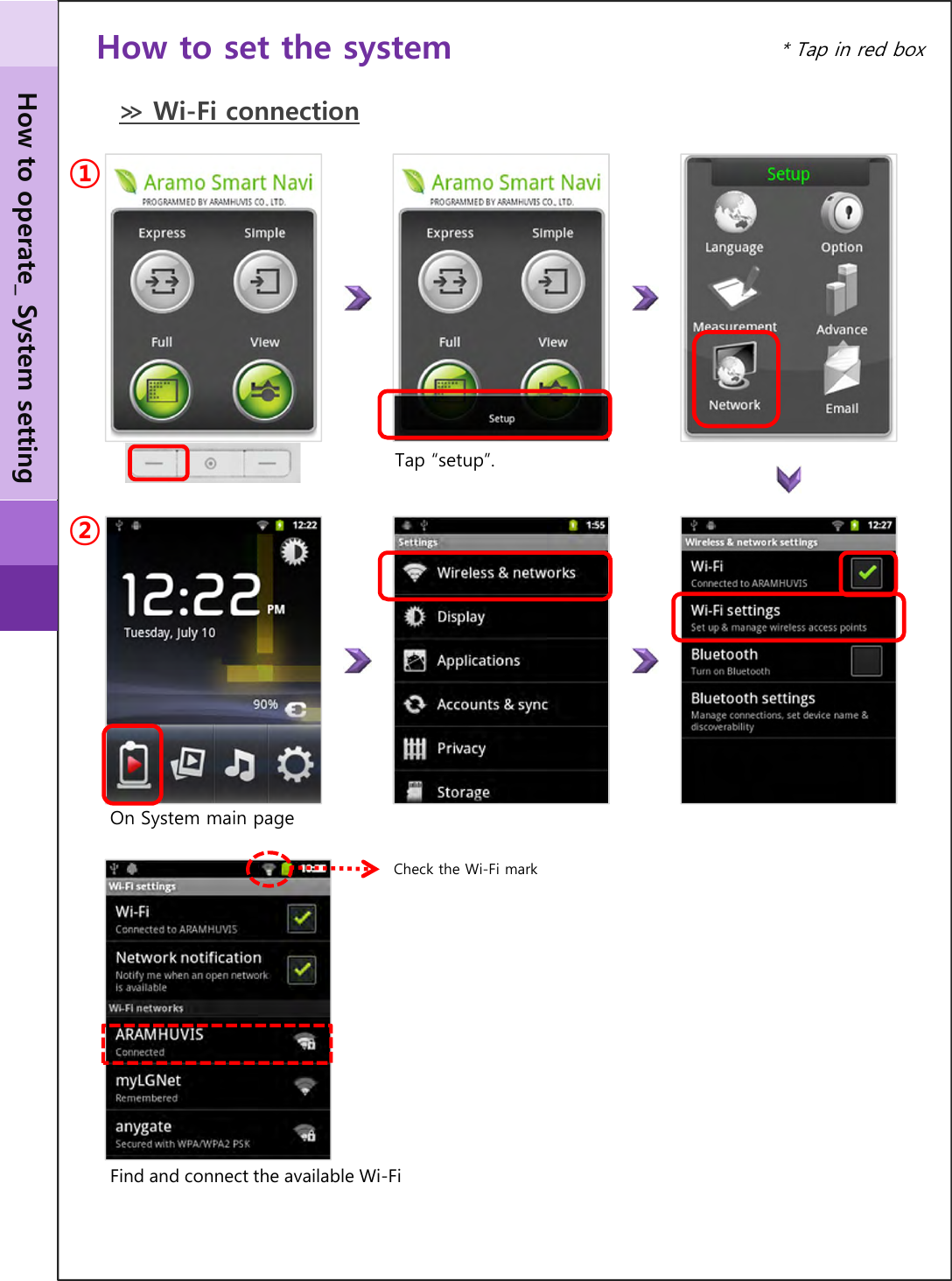 Tap “setup”.On System main pageFind and connect the available Wi-Fi①②Check the Wi-Fi mark≫ Wi-Fi connectionHow to operate_ System setting* Tap in red boxHow to set the system