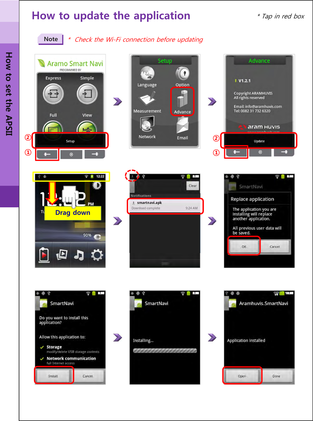 How to update the application*  Check the Wi-Fi connection before updating Note②①①②Drag down How to set the APSII* Tap in red box