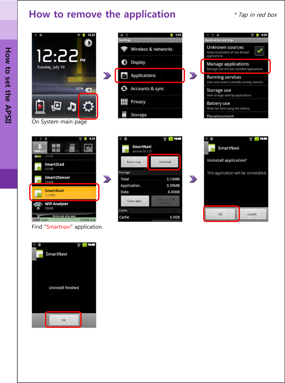 How to remove the applicationOn System main pageFind “Smartnavi” application.How to set the APSII* Tap in red box