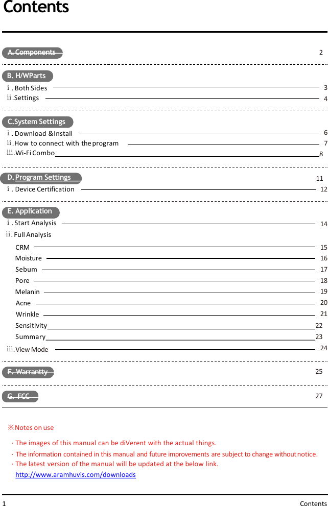 ContentsA. Components 23467141516171819202124B. H/WPartsⅰ. Both Sidesⅱ.Settingsⅱ. How to connect with theprogramE. Application  ⅰ. Start Analysis  ⅱ.  Full Analysisⅲ.View ModeCRMMoistureSebumPoreMelaninAcneWrinkleSensitivity 22Summary 23C.System Settingsⅰ. Download &amp;Installⅲ.Wi-Fi Combo 8D. Program Settings 11ⅰ. Device Certification 12F. Warrantty 25G. FCC 271 Contents※Notes on use·The images of this manual can be diVerent with the actual things.·The information contained in this manual and future improvements are subject to change withoutnotice.·The latest version of the manual will be updated at the below link.  http://www.aramhuvis.com/downloads