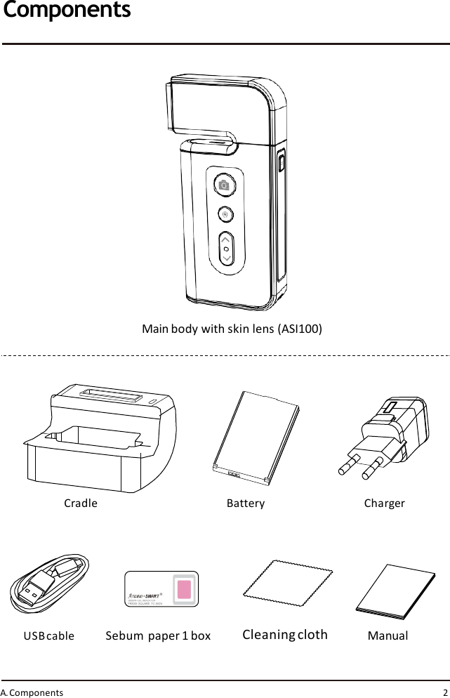 Main body with skin lens (ASI100)ChargerManualBatteryUSBcableCradleSebum paper 1 box Cleaning clothComponentsA.Components 2