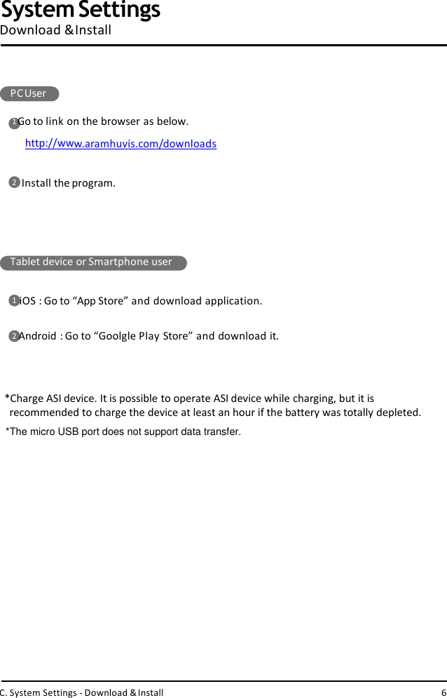 PCUser1 Go to link on the browser as below. http://www.aramhuvis.com/downloads2    Install the program.Tablet device or Smartphone user1  iOS : Go to “App Store” and download application.2Android : Go to “Goolgle Play Store” and download it.System SettingsDownload &amp;InstallC. System Settings - Download &amp;Install 6*Charge ASI device. It is possible to operate ASI device while charging, but it is recommended to charge the device at least an hour if the battery was totally depleted.*The micro USB port does not support data transfer.