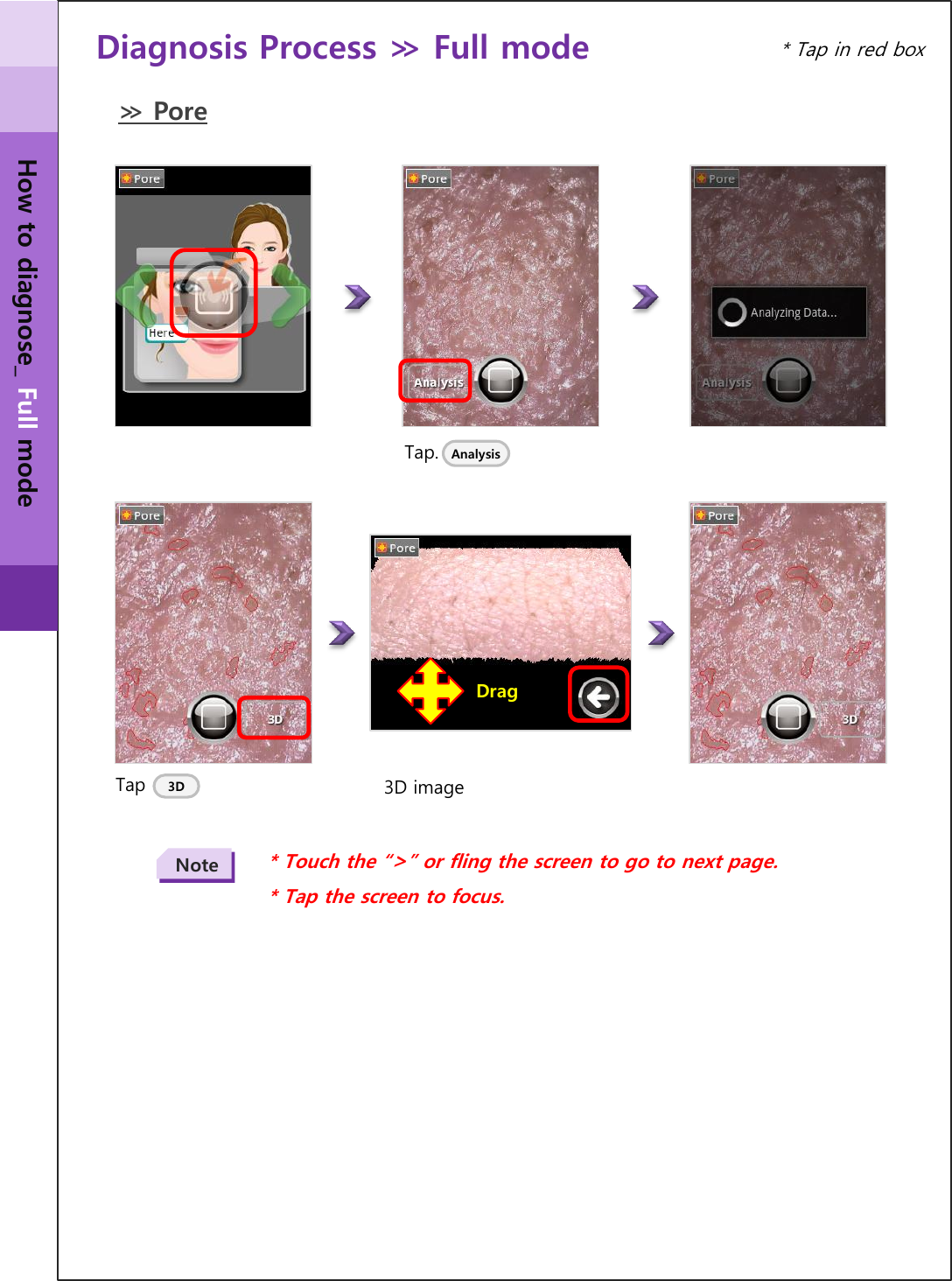 Diagnosis Process ≫ Full mode  Tap.  Analysis ≫ Pore Tap  3D image 3D * Touch the “&gt;” or fling the screen to go to next page. * Tap the screen to focus. Note * Tap in red box Drag How to diagnose_ Full mode 