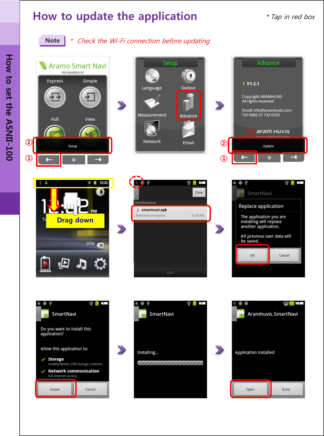 How to update the application *  Check the Wi-Fi connection before updating  Note ② ① ① ② Drag down  How to set the ASNII-100 * Tap in red box 