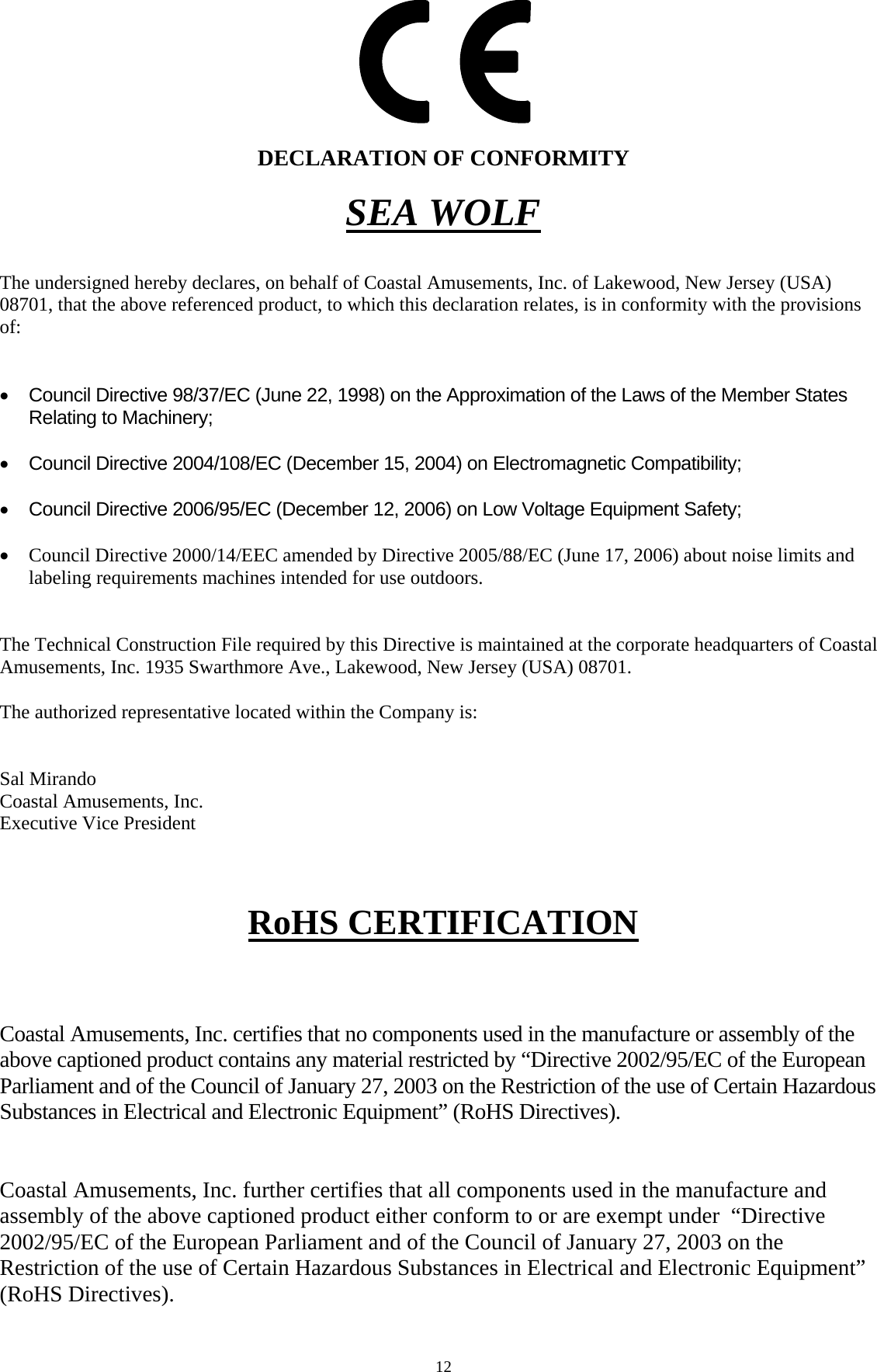 Page 11 of 12 - Arcade Sea Wolf Manual - Rev. 05-12-08 User