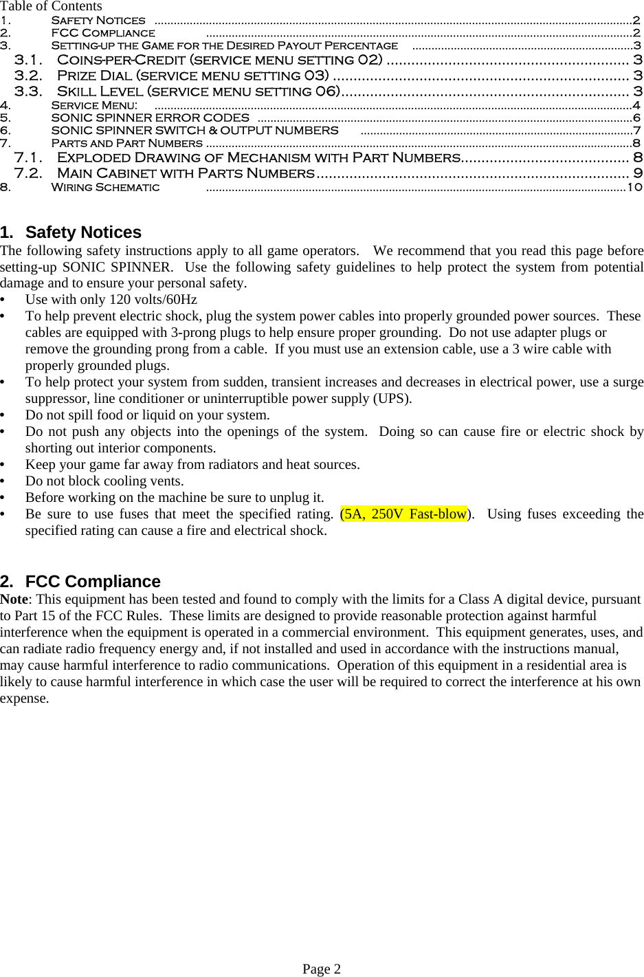 Page 2 of 12 - Arcade Sonic Spinner Manual - 0621907 07 _Non CEC Ver_ User