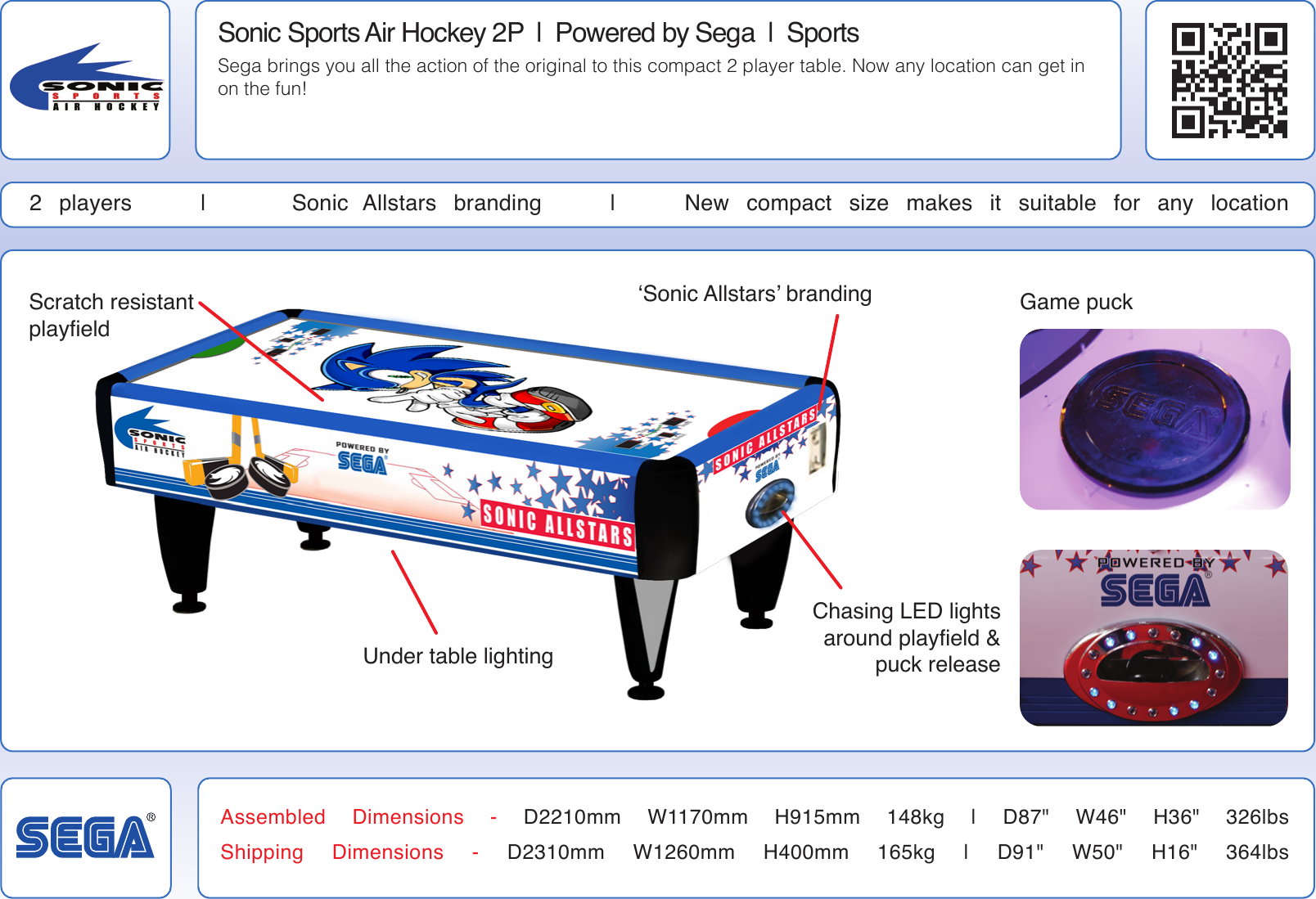 Page 2 of 2 - Arcade Sonic Sports Air Hockey 2P Info Sheet User Manual