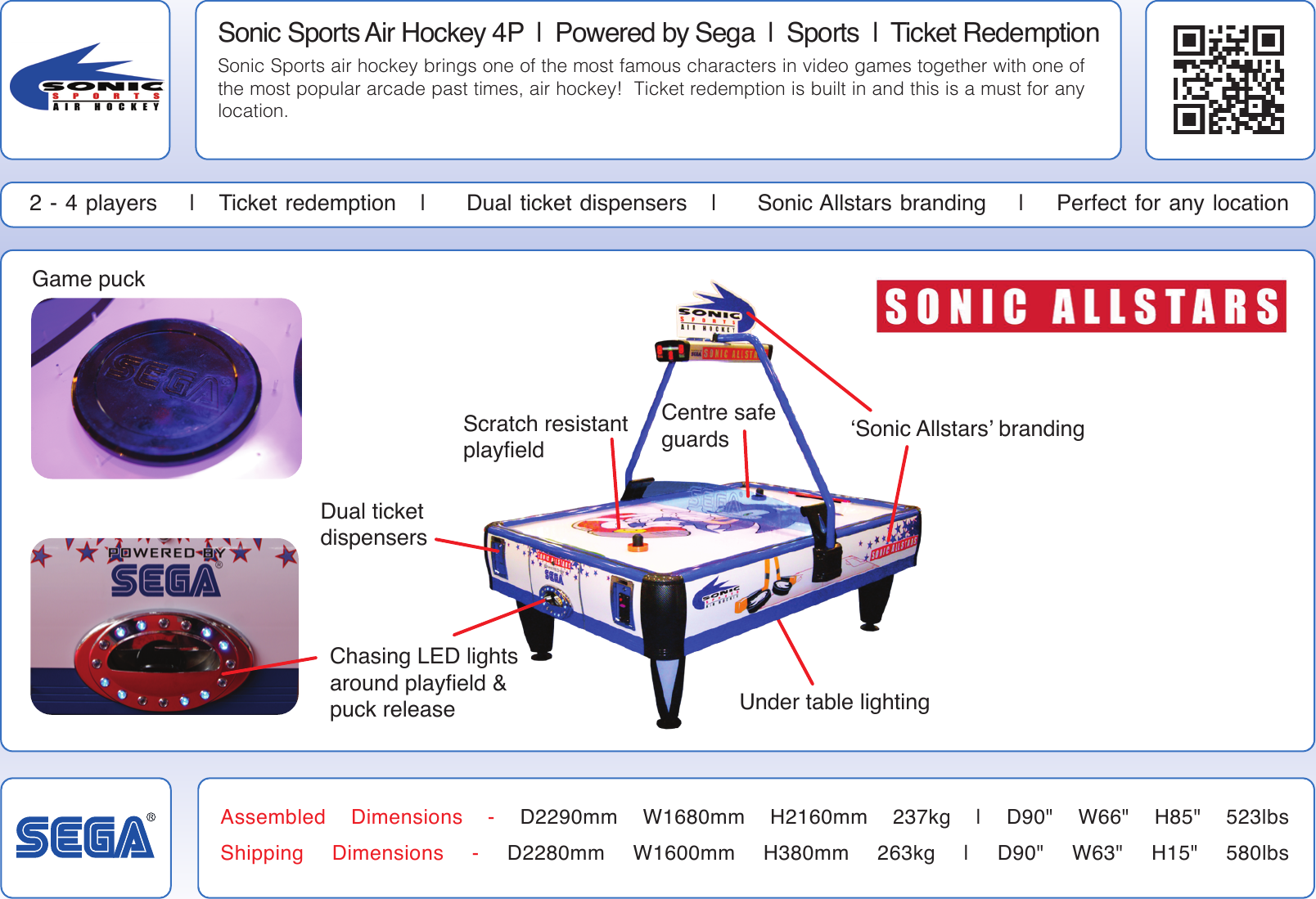 Arcade Sonic Sports Air Hockey 4p Info Sheet User Manual