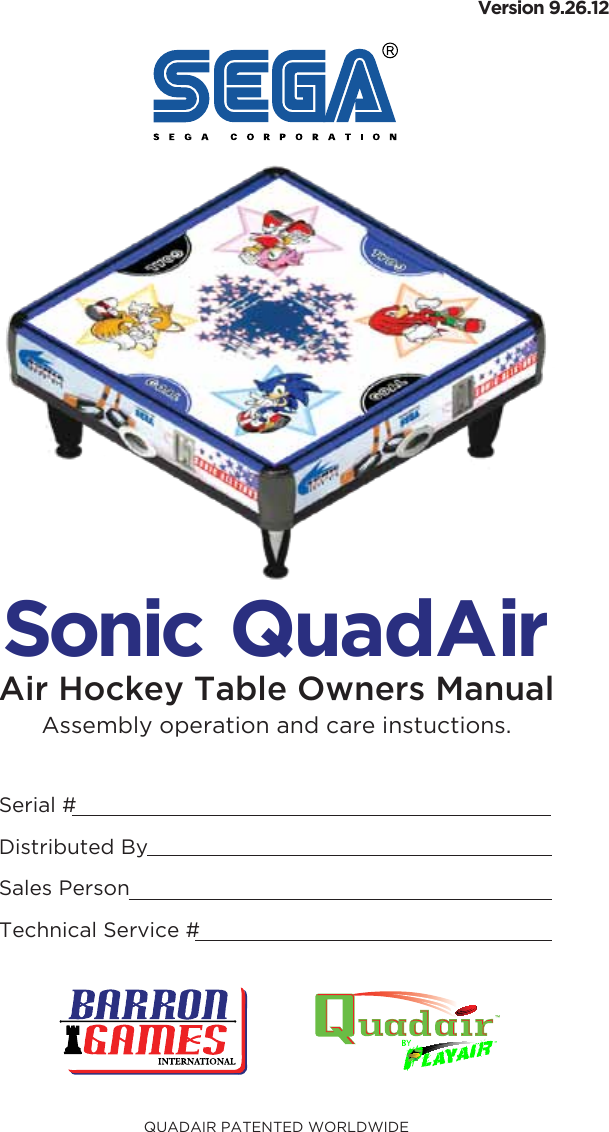 Arcade Sonic Sports Quad Air Manual SEGA_QuadAir_Manual_92412 User