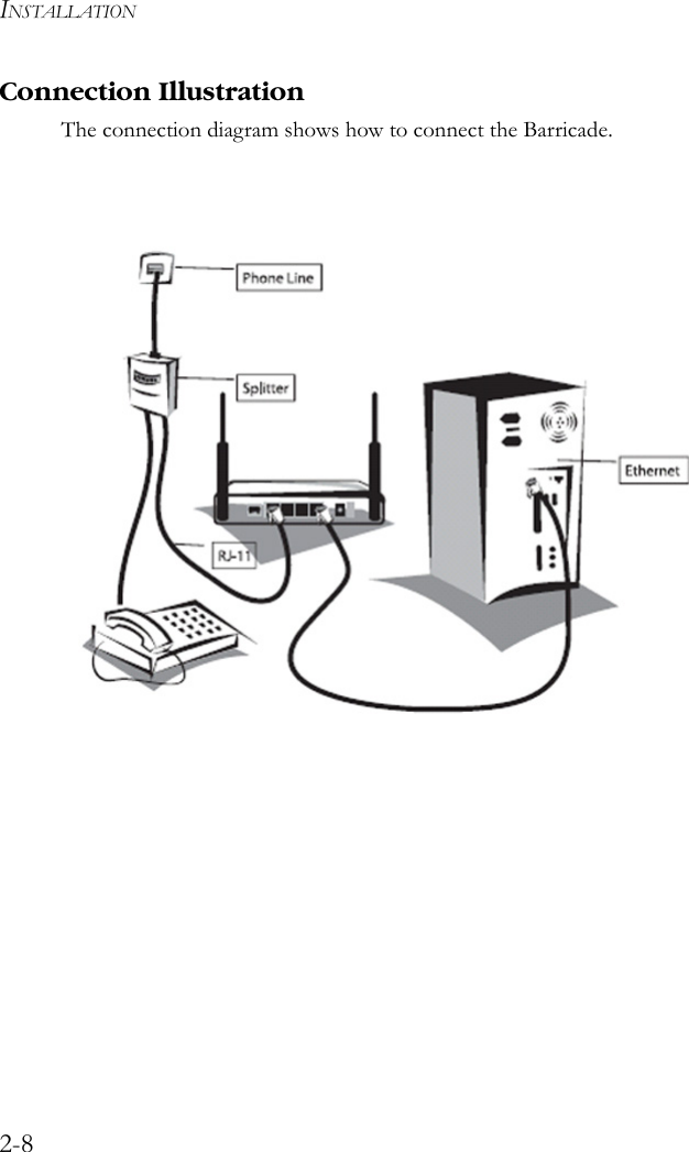 INSTALLATION2-8Connection IllustrationThe connection diagram shows how to connect the Barricade.