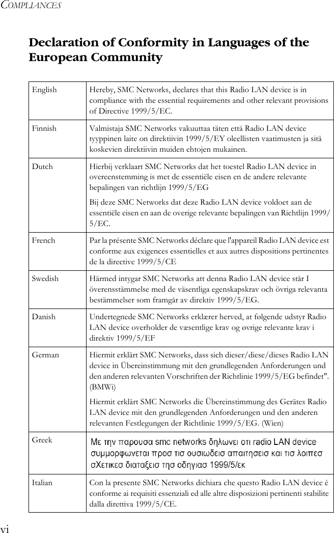 COMPLIANCESviDeclaration of Conformity in Languages of the European CommunityEnglish Hereby, SMC Networks, declares that this Radio LAN device is in compliance with the essential requirements and other relevant provisions of Directive 1999/5/EC.Finnish Valmistaja SMC Networks vakuuttaa täten että Radio LAN device tyyppinen laite on direktiivin 1999/5/EY oleellisten vaatimusten ja sitä koskevien direktiivin muiden ehtojen mukainen.Dutch Hierbij verklaart SMC Networks dat het toestel Radio LAN device in overeenstemming is met de essentiële eisen en de andere relevante bepalingen van richtlijn 1999/5/EGBij deze SMC Networks dat deze Radio LAN device voldoet aan de essentiële eisen en aan de overige relevante bepalingen van Richtlijn 1999/5/EC.French Par la présente SMC Networks déclare que l&apos;appareil Radio LAN device est conforme aux exigences essentielles et aux autres dispositions pertinentes de la directive 1999/5/CESwedish Härmed intygar SMC Networks att denna Radio LAN device står I överensstämmelse med de väsentliga egenskapskrav och övriga relevanta bestämmelser som framgår av direktiv 1999/5/EG.Danish Undertegnede SMC Networks erklærer herved, at følgende udstyr Radio LAN device overholder de væsentlige krav og øvrige relevante krav i direktiv 1999/5/EFGerman Hiermit erklärt SMC Networks, dass sich dieser/diese/dieses Radio LAN device in Übereinstimmung mit den grundlegenden Anforderungen und den anderen relevanten Vorschriften der Richtlinie 1999/5/EG befindet&quot;. (BMWi)Hiermit erklärt SMC Networks die Übereinstimmung des Gerätes Radio LAN device mit den grundlegenden Anforderungen und den anderen relevanten Festlegungen der Richtlinie 1999/5/EG. (Wien)GreekItalian Con la presente SMC Networks dichiara che questo Radio LAN device è conforme ai requisiti essenziali ed alle altre disposizioni pertinenti stabilite dalla direttiva 1999/5/CE.