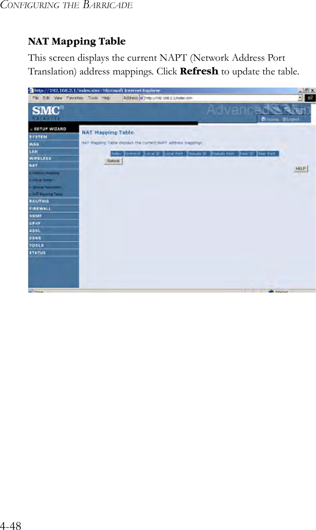 CONFIGURING THE BARRICADE4-48NAT Mapping TableThis screen displays the current NAPT (Network Address Port Translation) address mappings. Click Refresh to update the table.