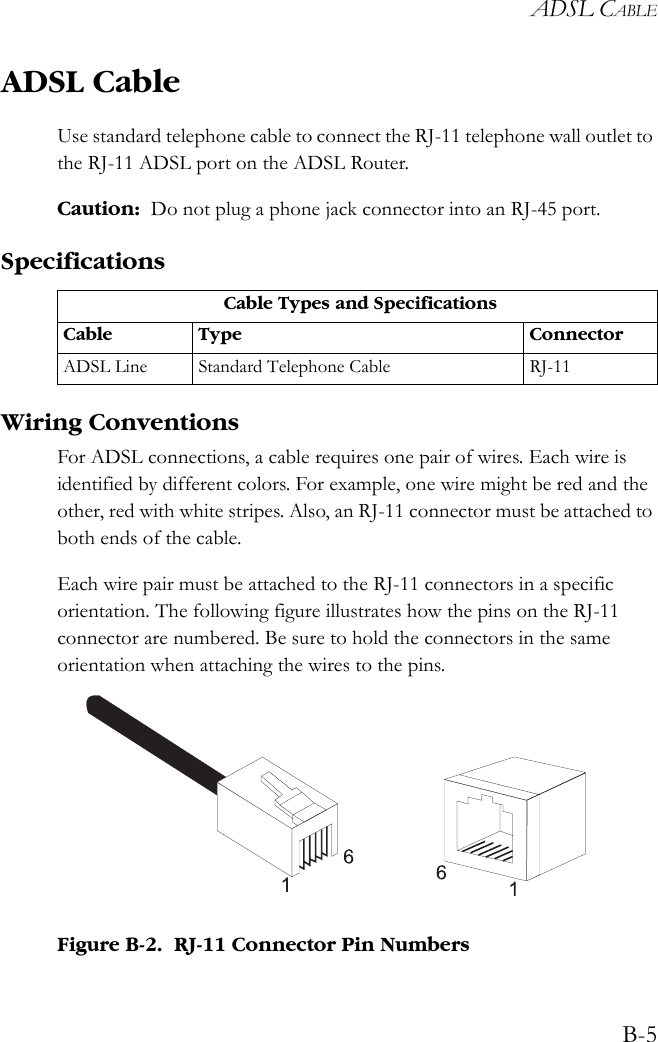 ADSL CABLEB-5ADSL CableUse standard telephone cable to connect the RJ-11 telephone wall outlet to the RJ-11 ADSL port on the ADSL Router.Caution: Do not plug a phone jack connector into an RJ-45 port.SpecificationsWiring ConventionsFor ADSL connections, a cable requires one pair of wires. Each wire is identified by different colors. For example, one wire might be red and the other, red with white stripes. Also, an RJ-11 connector must be attached to both ends of the cable.Each wire pair must be attached to the RJ-11 connectors in a specific orientation. The following figure illustrates how the pins on the RJ-11 connector are numbered. Be sure to hold the connectors in the same orientation when attaching the wires to the pins.Figure B-2.  RJ-11 Connector Pin NumbersCable Types and SpecificationsCable Type ConnectorADSL Line Standard Telephone Cable RJ-11