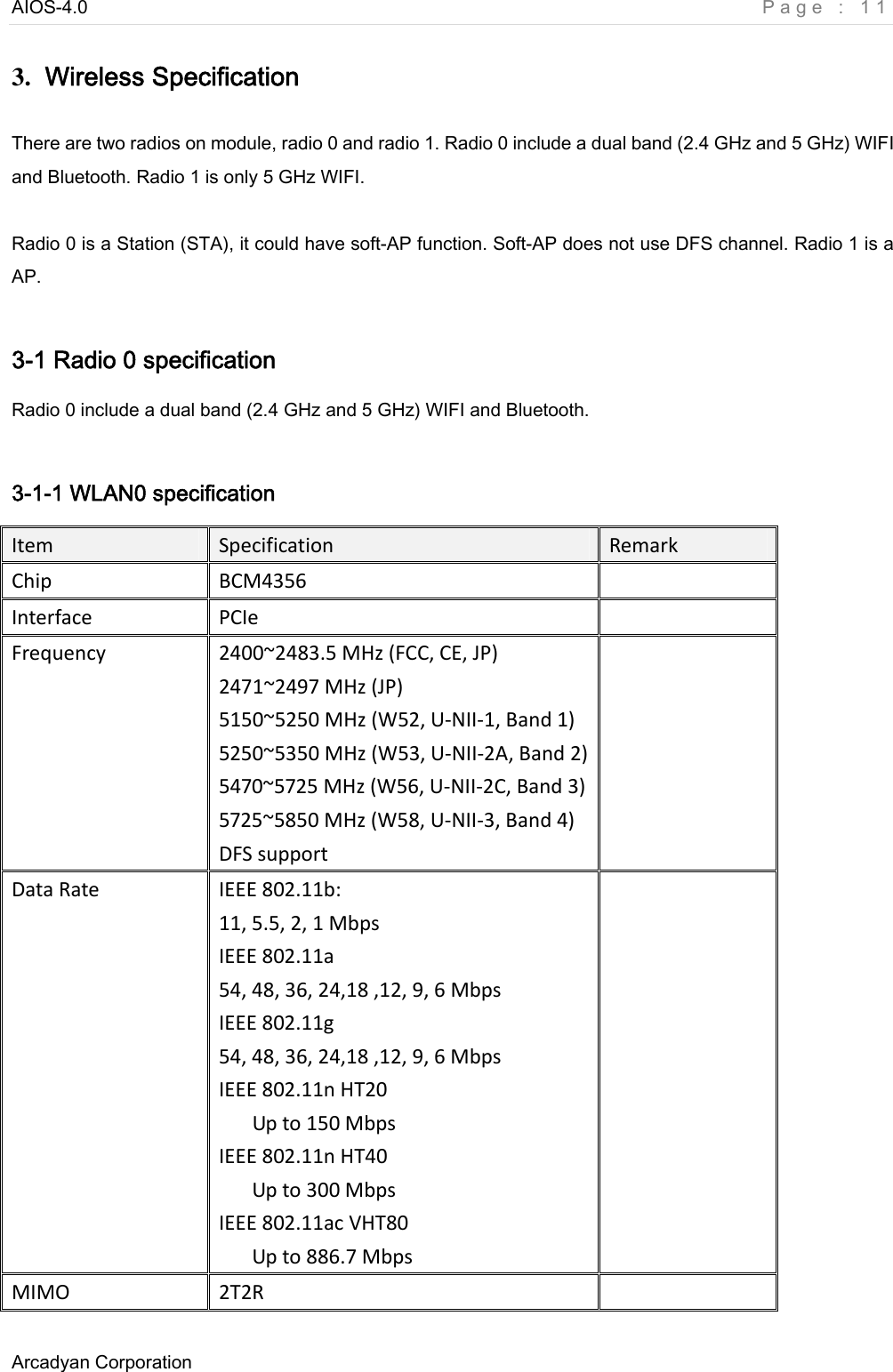 AIOS-4.0    Page : 11 Arcadyan Corporation     3.  Wireless Specification There are two radios on module, radio 0 and radio 1. Radio 0 include a dual band (2.4 GHz and 5 GHz) WIFI and Bluetooth. Radio 1 is only 5 GHz WIFI.    Radio 0 is a Station (STA), it could have soft-AP function. Soft-AP does not use DFS channel. Radio 1 is a AP.  3-1 Radio 0 specification Radio 0 include a dual band (2.4 GHz and 5 GHz) WIFI and Bluetooth.  3-1-1 WLAN0 specification ItemSpecificationRemarkChipBCM4356InterfacePCIeFrequency2400~2483.5MHz(FCC,CE,JP)2471~2497MHz(JP)5150~5250MHz(W52,U‐NII‐1,Band1)5250~5350MHz(W53,U‐NII‐2A,Band2)5470~5725MHz(W56,U‐NII‐2C,Band3)5725~5850MHz(W58,U‐NII‐3,Band4)DFSsupportDataRateIEEE802.11b:11,5.5,2,1MbpsIEEE802.11a54,48,36,24,18,12,9,6MbpsIEEE802.11g54,48,36,24,18,12,9,6MbpsIEEE802.11nHT20Upto150MbpsIEEE802.11nHT40Upto300MbpsIEEE802.11acVHT80Upto886.7MbpsMIMO2T2R