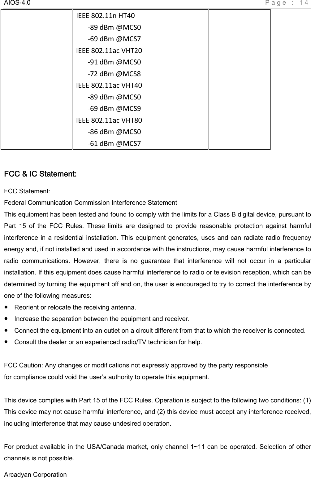 AIOS-4.0    Page : 14 Arcadyan Corporation     IEEE802.11nHT40‐89dBm@MCS0‐69dBm@MCS7IEEE802.11acVHT20‐91dBm@MCS0‐72dBm@MCS8IEEE802.11acVHT40‐89dBm@MCS0‐69dBm@MCS9IEEE802.11acVHT80‐86dBm@MCS0‐61dBm@MCS7 FCC &amp; IC Statement: FCC Statement: Federal Communication Commission Interference Statement   This equipment has been tested and found to comply with the limits for a Class B digital device, pursuant to Part  15  of  the  FCC  Rules.  These  limits  are  designed  to  provide  reasonable  protection  against  harmful interference in a residential installation. This equipment generates, uses and can radiate radio frequency energy and, if not installed and used in accordance with the instructions, may cause harmful interference to radio  communications.  However,  there  is  no  guarantee  that  interference  will  not  occur  in  a  particular installation. If this equipment does cause harmful interference to radio or television reception, which can be determined by turning the equipment off and on, the user is encouraged to try to correct the interference by one of the following measures: ●    Reorient or relocate the receiving antenna. ●    Increase the separation between the equipment and receiver. ●    Connect the equipment into an outlet on a circuit different from that to which the receiver is connected. ●    Consult the dealer or an experienced radio/TV technician for help.  FCC Caution: Any changes or modifications not expressly approved by the party responsible   for compliance could void the user’s authority to operate this equipment.  This device complies with Part 15 of the FCC Rules. Operation is subject to the following two conditions: (1) This device may not cause harmful interference, and (2) this device must accept any interference received, including interference that may cause undesired operation.  For product available in the USA/Canada market, only channel 1~11 can be operated. Selection of other channels is not possible. 