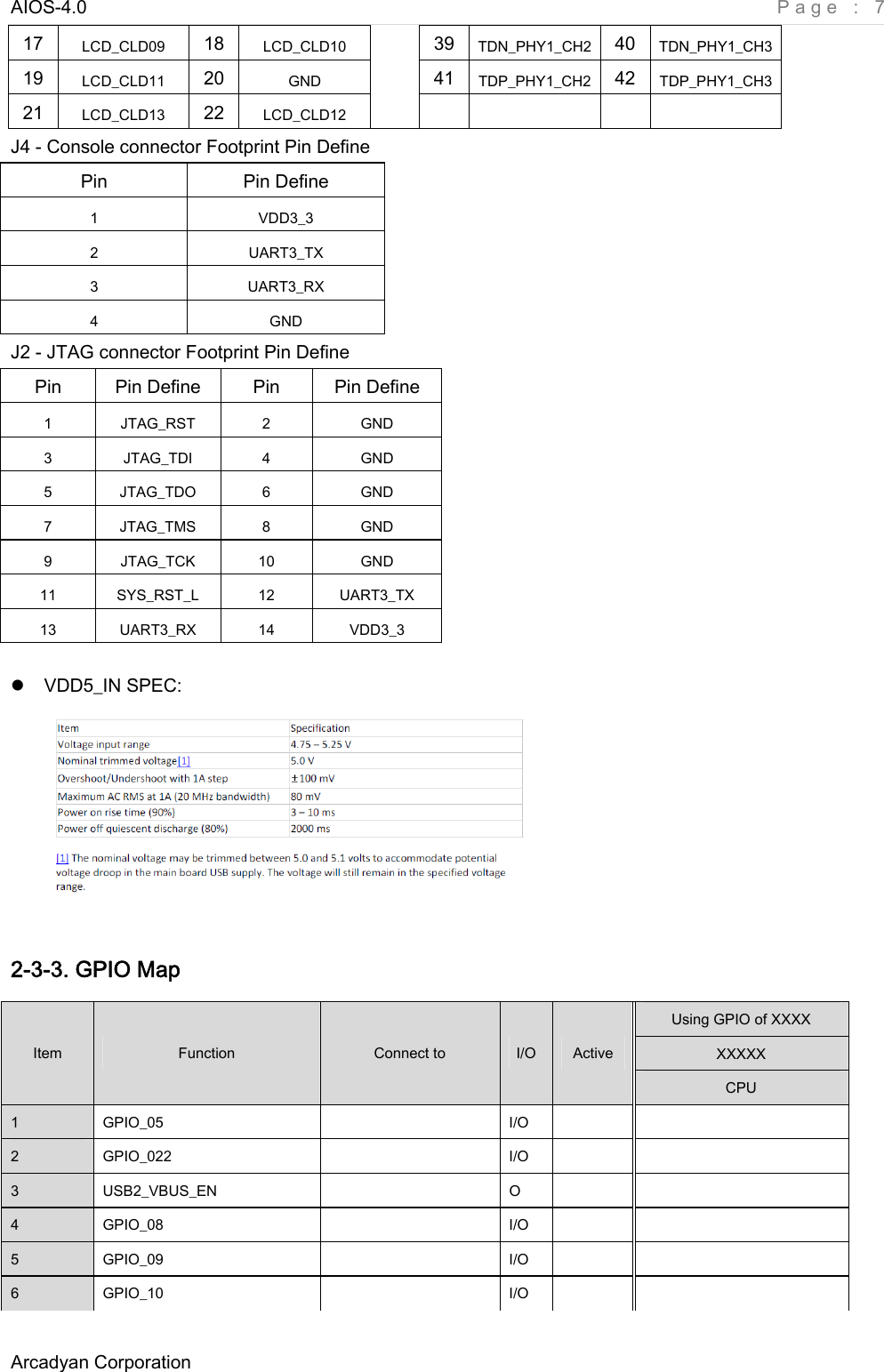 AIOS-4.0    Page : 7 Arcadyan Corporation     17  LCD_CLD09  18  LCD_CLD10  39  TDN_PHY1_CH2  40  TDN_PHY1_CH3 19  LCD_CLD11  20  GND  41  TDP_PHY1_CH2  42  TDP_PHY1_CH3 21  LCD_CLD13  22  LCD_CLD12      J4 - Console connector Footprint Pin Define Pin  Pin Define 1  VDD3_3 2  UART3_TX 3  UART3_RX 4  GND J2 - JTAG connector Footprint Pin Define          VDD5_IN SPEC:   2-3-3. GPIO Map Using GPIO of XXXX XXXXX Item  Function  Connect to  I/O  Active CPU 1  GPIO_05    I/O     2  GPIO_022    I/O     3  USB2_VBUS_EN    O     4  GPIO_08    I/O     5  GPIO_09    I/O     6  GPIO_10    I/O     Pin    Pin Define  Pin    Pin Define 1  JTAG_RST  2  GND 3  JTAG_TDI  4  GND 5  JTAG_TDO  6  GND 7  JTAG_TMS  8  GND 9  JTAG_TCK  10  GND 11  SYS_RST_L  12  UART3_TX 13  UART3_RX  14  VDD3_3 