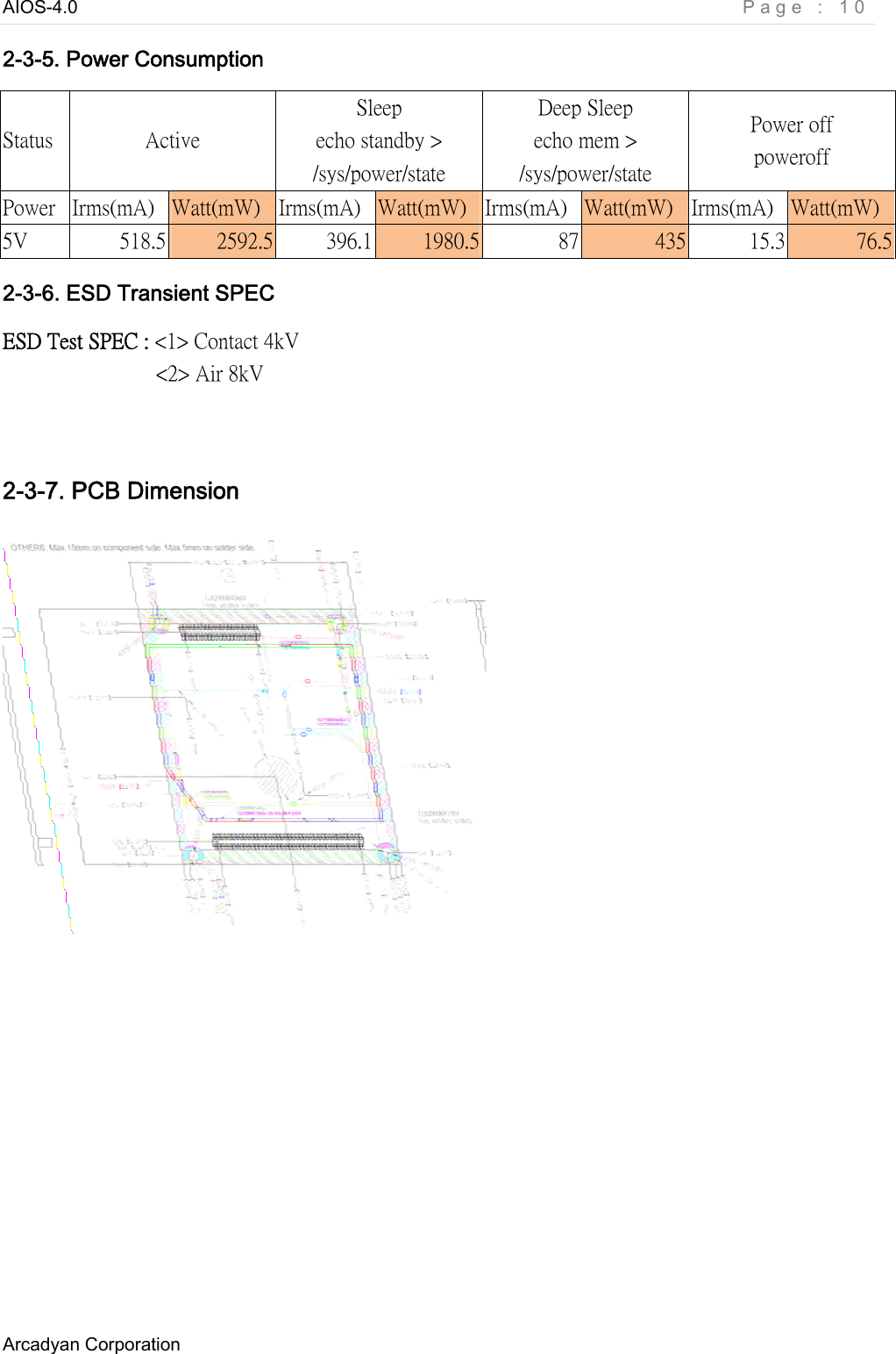 AIOS-4.0    Page : 10 Arcadyan Corporation     2-3-5. Power Consumption Status  Active Sleep echo standby &gt; /sys/power/state   Deep Sleep echo mem &gt; /sys/power/state Power off poweroff Power  Irms(mA)  Watt(mW)  Irms(mA)  Watt(mW)  Irms(mA)  Watt(mW)  Irms(mA)  Watt(mW) 5V  518.5  2592.5  396.1  1980.5  87  435  15.3  76.5 2-3-6. ESD Transient SPEC ESD Test SPEC : &lt;1&gt; Contact 4kV                 &lt;2&gt; Air 8kV    2-3-7. PCB Dimension        