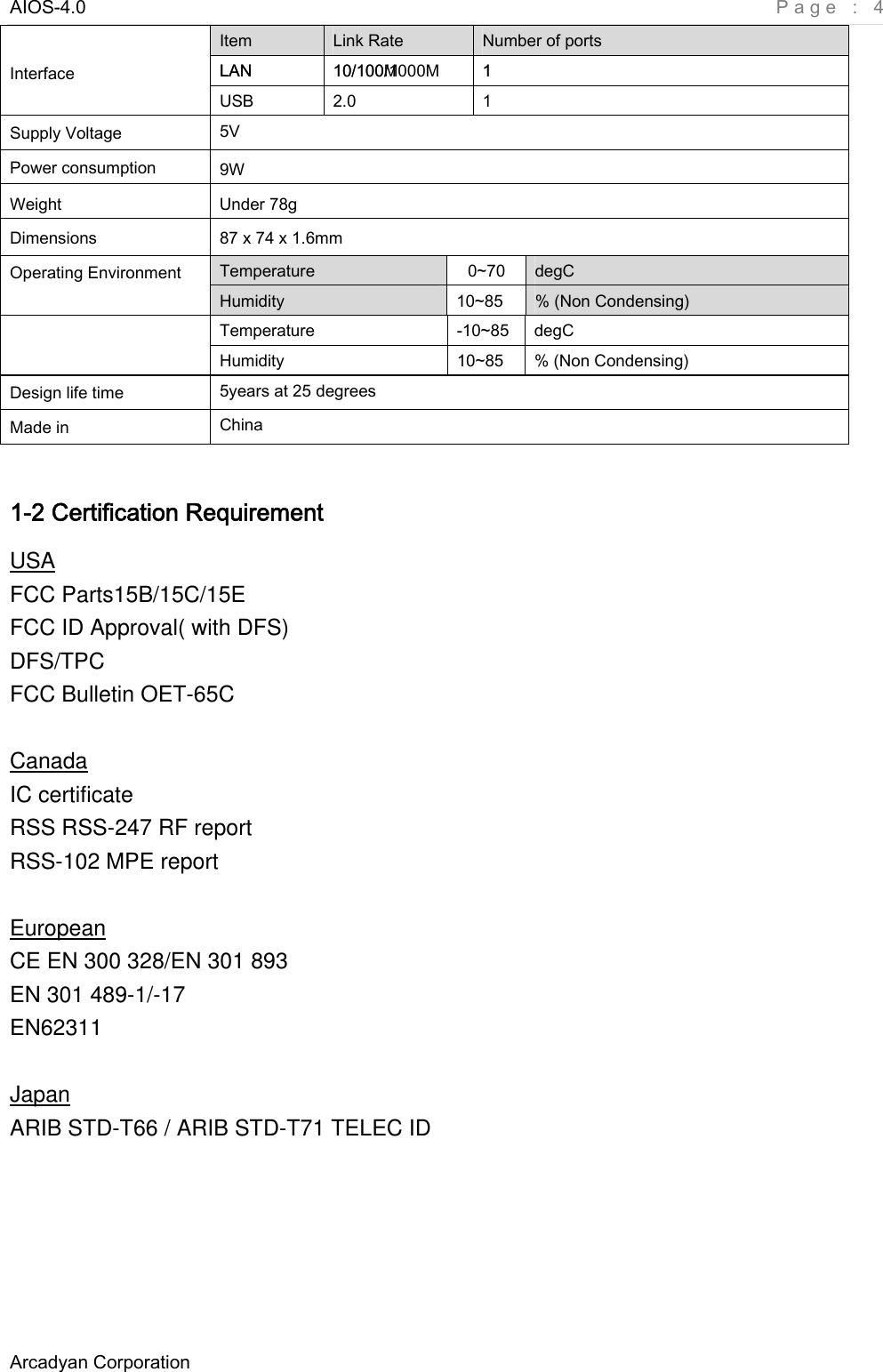 AIOS-4.0    Page : 4 Arcadyan Corporation     Item  Link Rate  Number of ports LAN  10/100M  1 LAN  10/100/1000M  1 Interface USB  2.0  1 Supply Voltage  5V Power consumption  9W Weight  Under 78g Dimensions  87 x 74 x 1.6mm   Temperature  0~70  degC Operating Environment Humidity  10~85  % (Non Condensing) Temperature  -10~85  degC Humidity  10~85  % (Non Condensing) Design life time  5years at 25 degrees Made in  China  1-2 Certification Requirement USA FCC Parts15B/15C/15E FCC ID Approval( with DFS) DFS/TPC FCC Bulletin OET-65C  Canada IC certificate RSS RSS-247 RF report RSS-102 MPE report  European CE EN 300 328/EN 301 893 EN 301 489-1/-17 EN62311  Japan ARIB STD-T66 / ARIB STD-T71 TELEC ID 