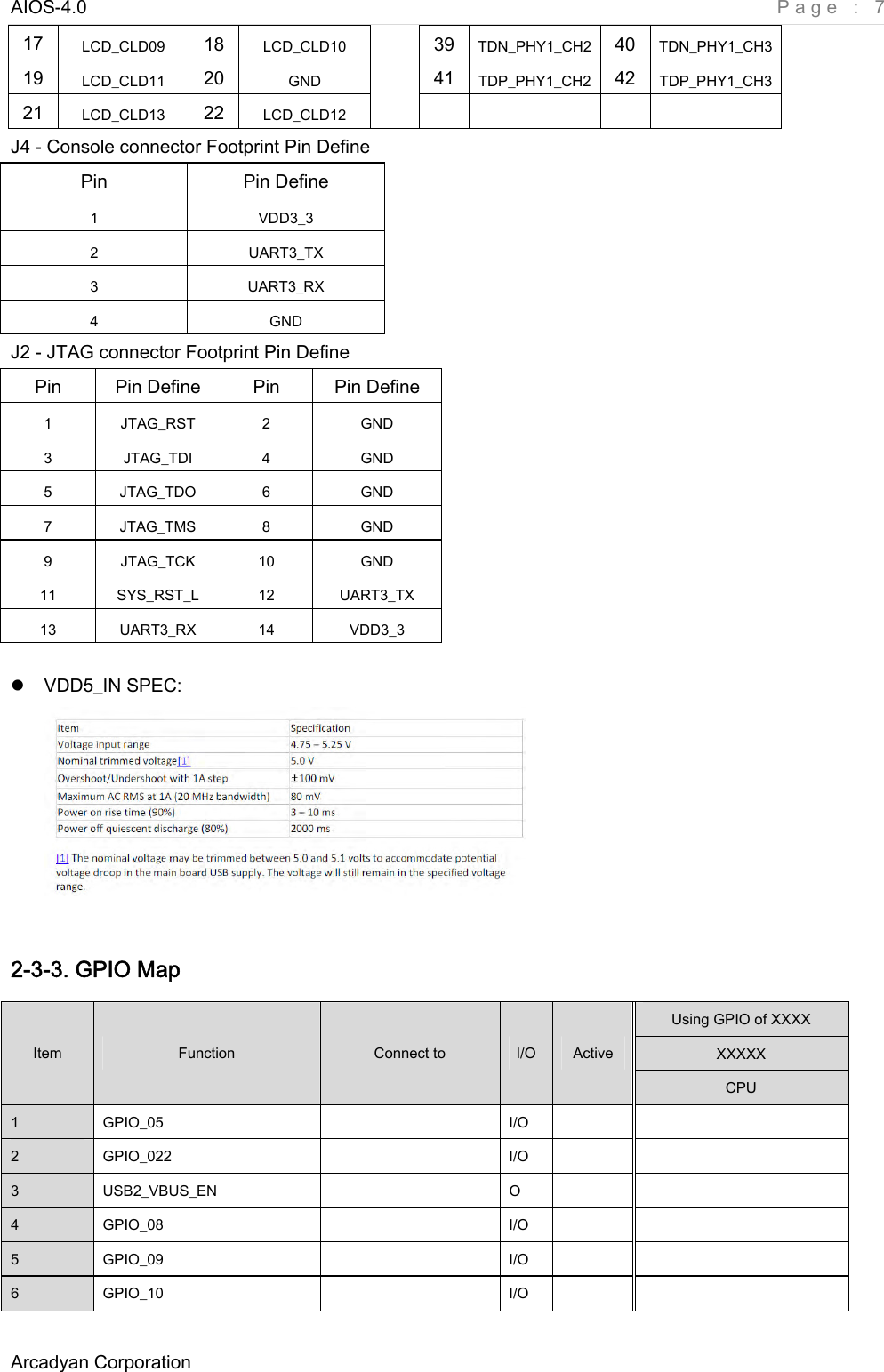 AIOS-4.0    Page : 7 Arcadyan Corporation     17  LCD_CLD09  18  LCD_CLD10  39  TDN_PHY1_CH2  40  TDN_PHY1_CH3 19  LCD_CLD11  20  GND  41  TDP_PHY1_CH2  42  TDP_PHY1_CH3 21  LCD_CLD13  22  LCD_CLD12      J4 - Console connector Footprint Pin Define Pin  Pin Define 1  VDD3_3 2  UART3_TX 3  UART3_RX 4  GND J2 - JTAG connector Footprint Pin Define          VDD5_IN SPEC:   2-3-3. GPIO Map Using GPIO of XXXX XXXXX Item  Function  Connect to  I/O  Active CPU 1  GPIO_05    I/O     2  GPIO_022    I/O     3  USB2_VBUS_EN    O     4  GPIO_08    I/O     5  GPIO_09    I/O     6  GPIO_10    I/O     Pin    Pin Define  Pin    Pin Define 1  JTAG_RST  2  GND 3  JTAG_TDI  4  GND 5  JTAG_TDO  6  GND 7  JTAG_TMS  8  GND 9  JTAG_TCK  10  GND 11  SYS_RST_L  12  UART3_TX 13  UART3_RX  14  VDD3_3 