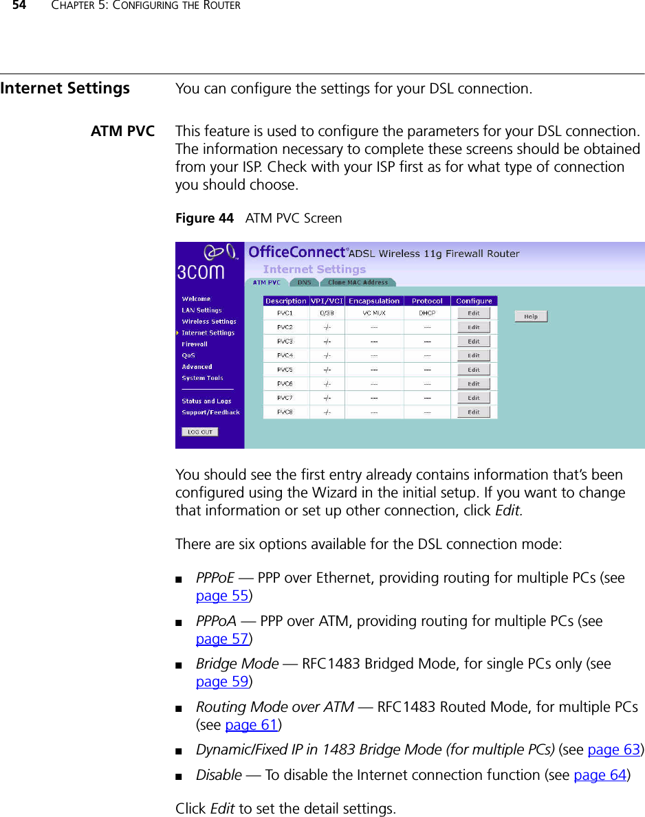 54 CHAPTER 5: CONFIGURING THE ROUTERInternet Settings You can configure the settings for your DSL connection.ATM PVC This feature is used to configure the parameters for your DSL connection. The information necessary to complete these screens should be obtained from your ISP. Check with your ISP first as for what type of connection you should choose.Figure 44   ATM PVC ScreenYou should see the first entry already contains information that’s been configured using the Wizard in the initial setup. If you want to change that information or set up other connection, click Edit.There are six options available for the DSL connection mode:■PPPoE — PPP over Ethernet, providing routing for multiple PCs (see page 55)■PPPoA — PPP over ATM, providing routing for multiple PCs (see page 57)■Bridge Mode — RFC1483 Bridged Mode, for single PCs only (see page 59)■Routing Mode over ATM — RFC1483 Routed Mode, for multiple PCs (see page 61)■Dynamic/Fixed IP in 1483 Bridge Mode (for multiple PCs) (see page 63)■Disable — To disable the Internet connection function (see page 64)Click Edit to set the detail settings.