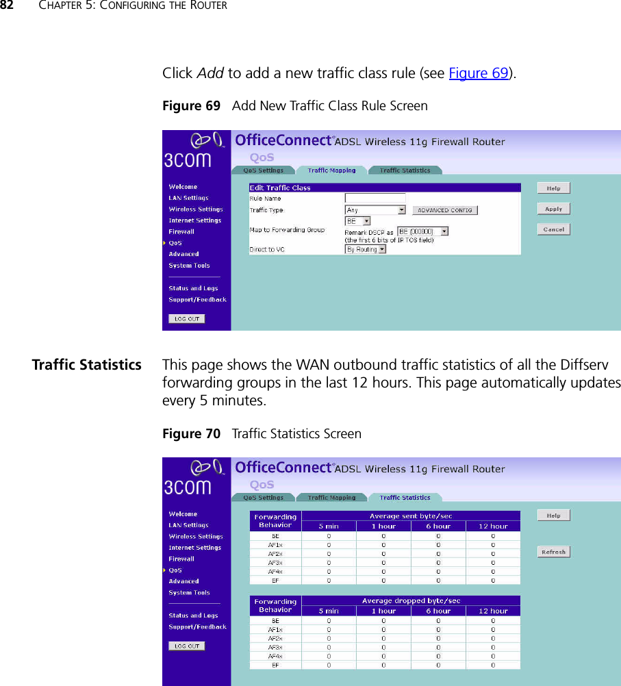 82 CHAPTER 5: CONFIGURING THE ROUTERClick Add to add a new traffic class rule (see Figure 69). Figure 69   Add New Traffic Class Rule Screen Traffic Statistics This page shows the WAN outbound traffic statistics of all the Diffserv forwarding groups in the last 12 hours. This page automatically updates every 5 minutes.Figure 70   Traffic Statistics Screen 